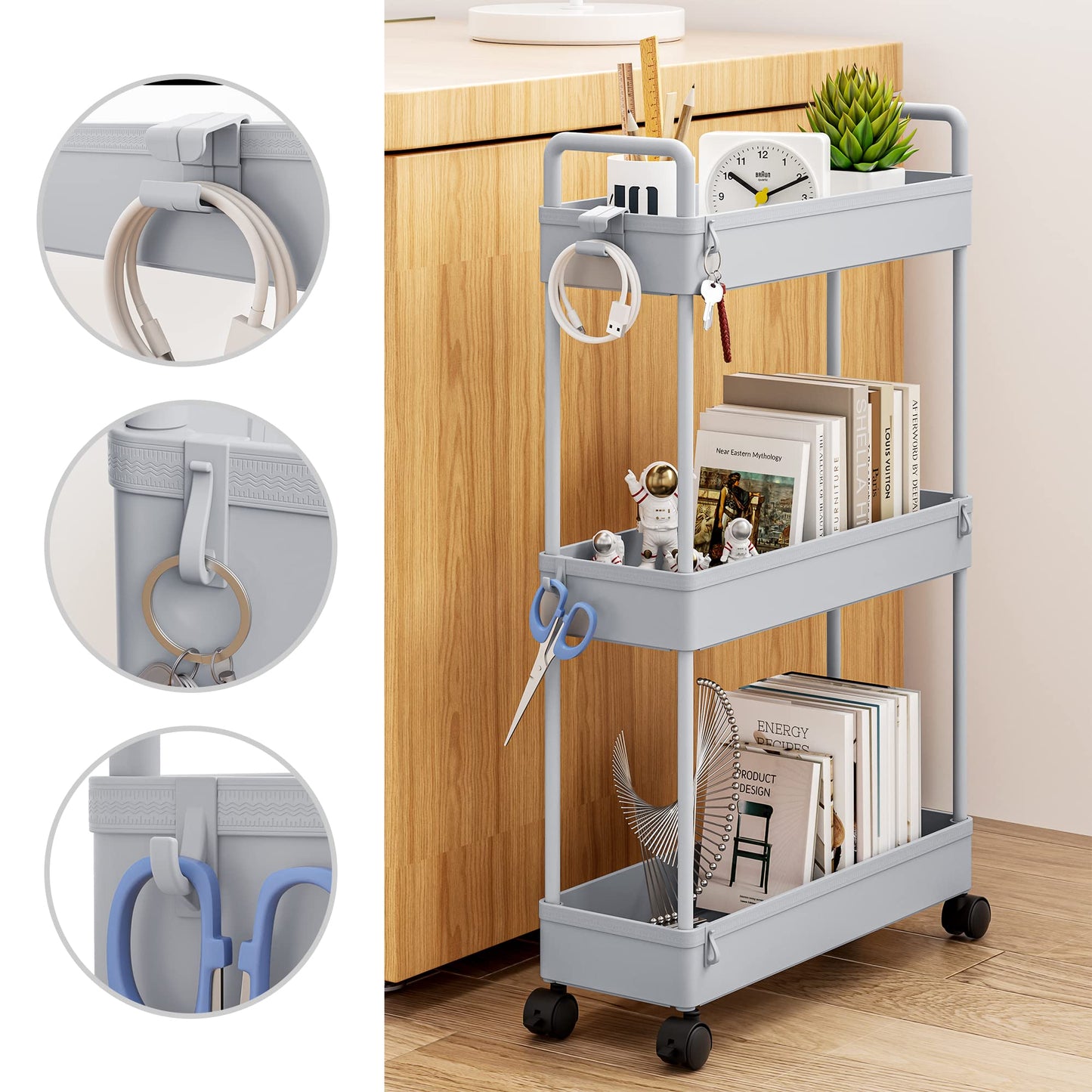 SOLEJAZZ 3-Tier Storage Trolley Cart Slide-out Slim Rolling Utility Cart Mobile Storage Shelving Organizer for Kitchen, Bathroom, Laundry Room
