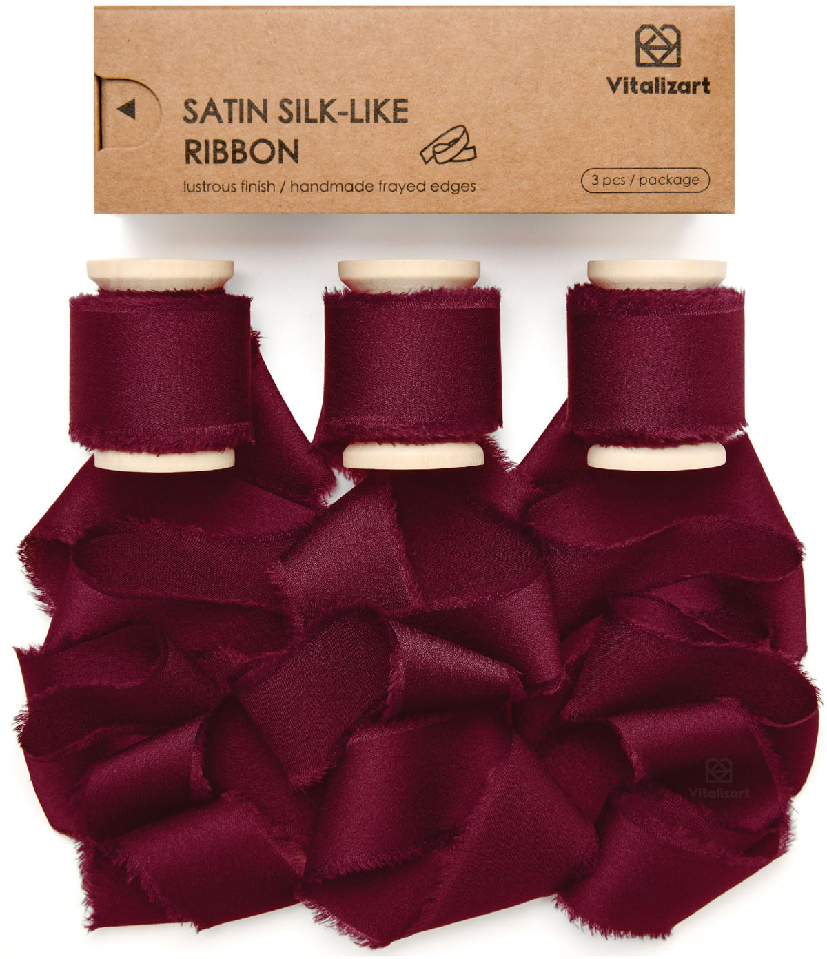 Vitalizart Burgundy Silky Satin Ribbon 1'' x 15 Yard Wooden Spool, Handmade Frayed Ribbon for Gift Wrapping Wedding Bridal Bouquets Autumn Decoration