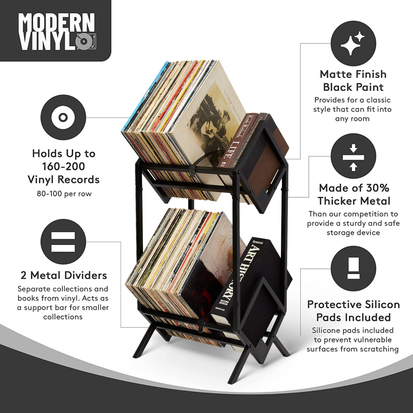 MODERN VINYL Record Holder - Matte Black Metal - 160-200 LP Storage - Simple, Quick Assembly - Vinyl Display, Storage - High-End Design