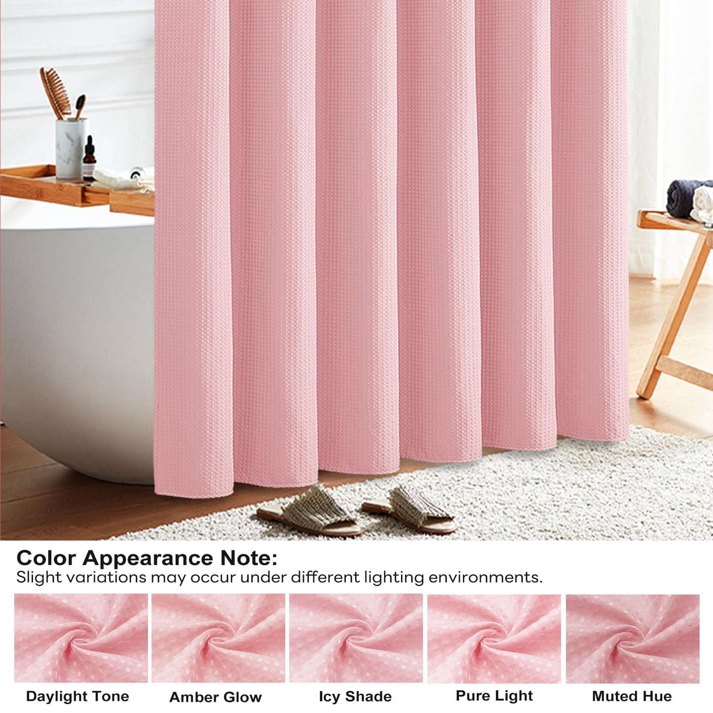 BTTN Extra Long Waffle Shower Curtain, Waterproof, 182x244cm, Pink