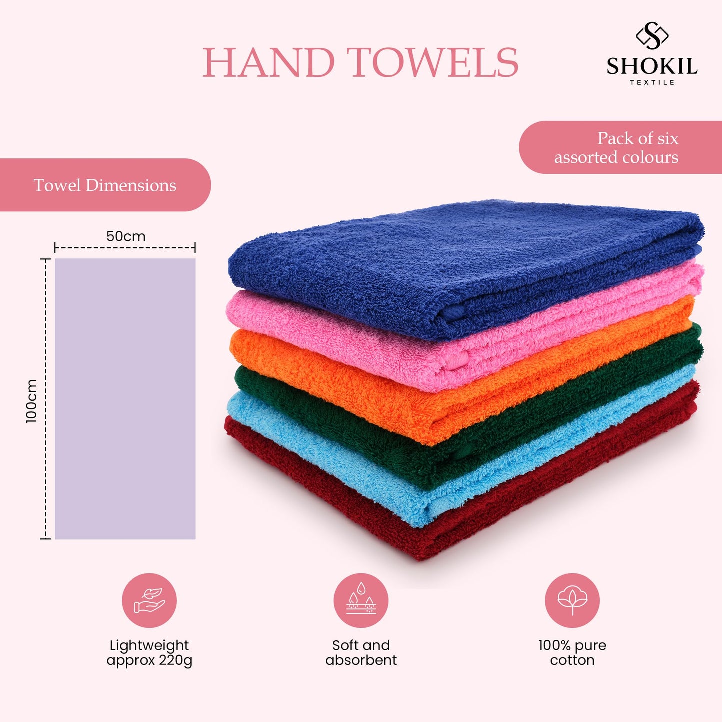 Large Egyptian Hand Towels For Bathroom - 100% Cotton - Pack of 6