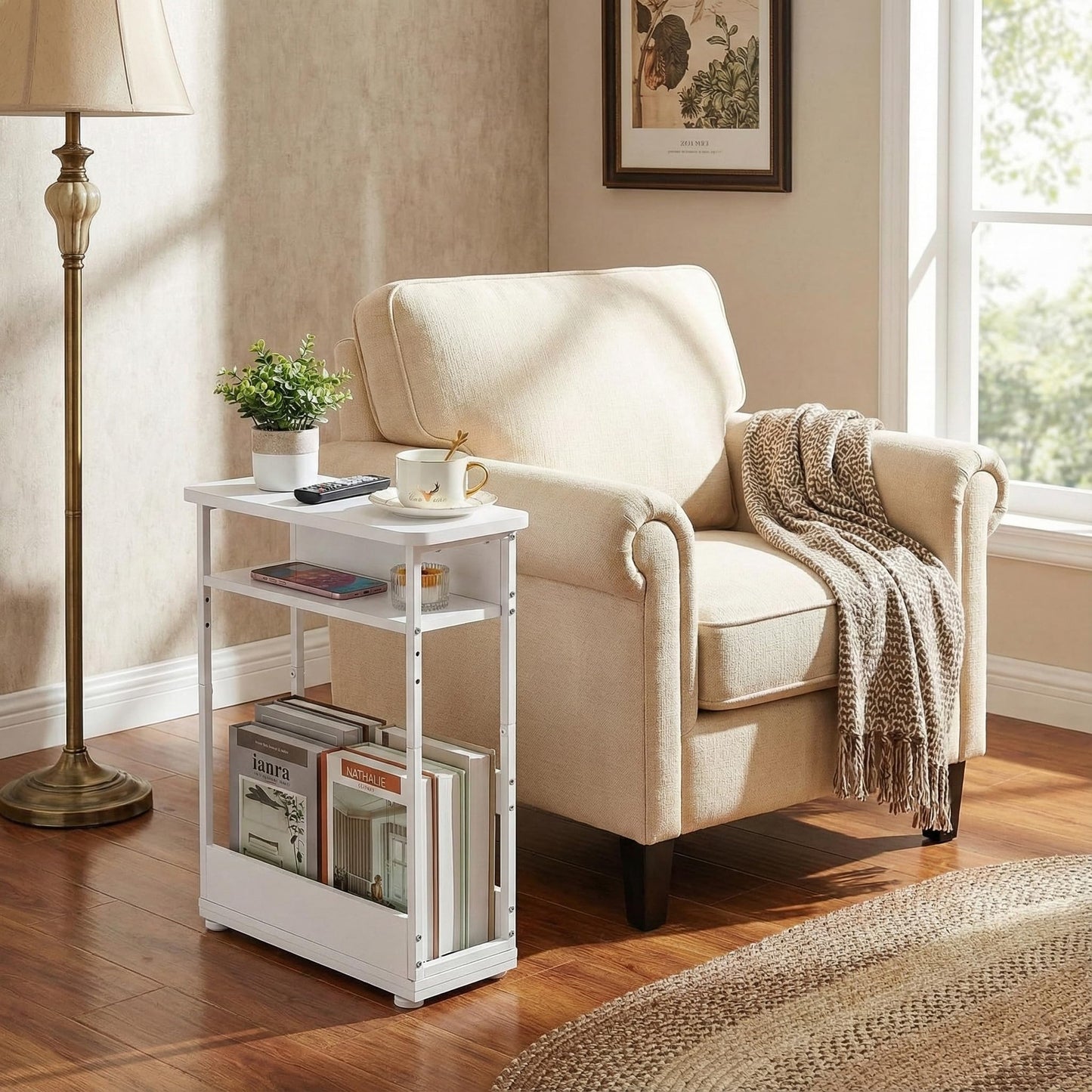 YEAKOO Narrow Side Table for Narrow and Small Spaces, Skinny Bedside Table Small Nightstand with Magazine Rack Space Saving (White, M)