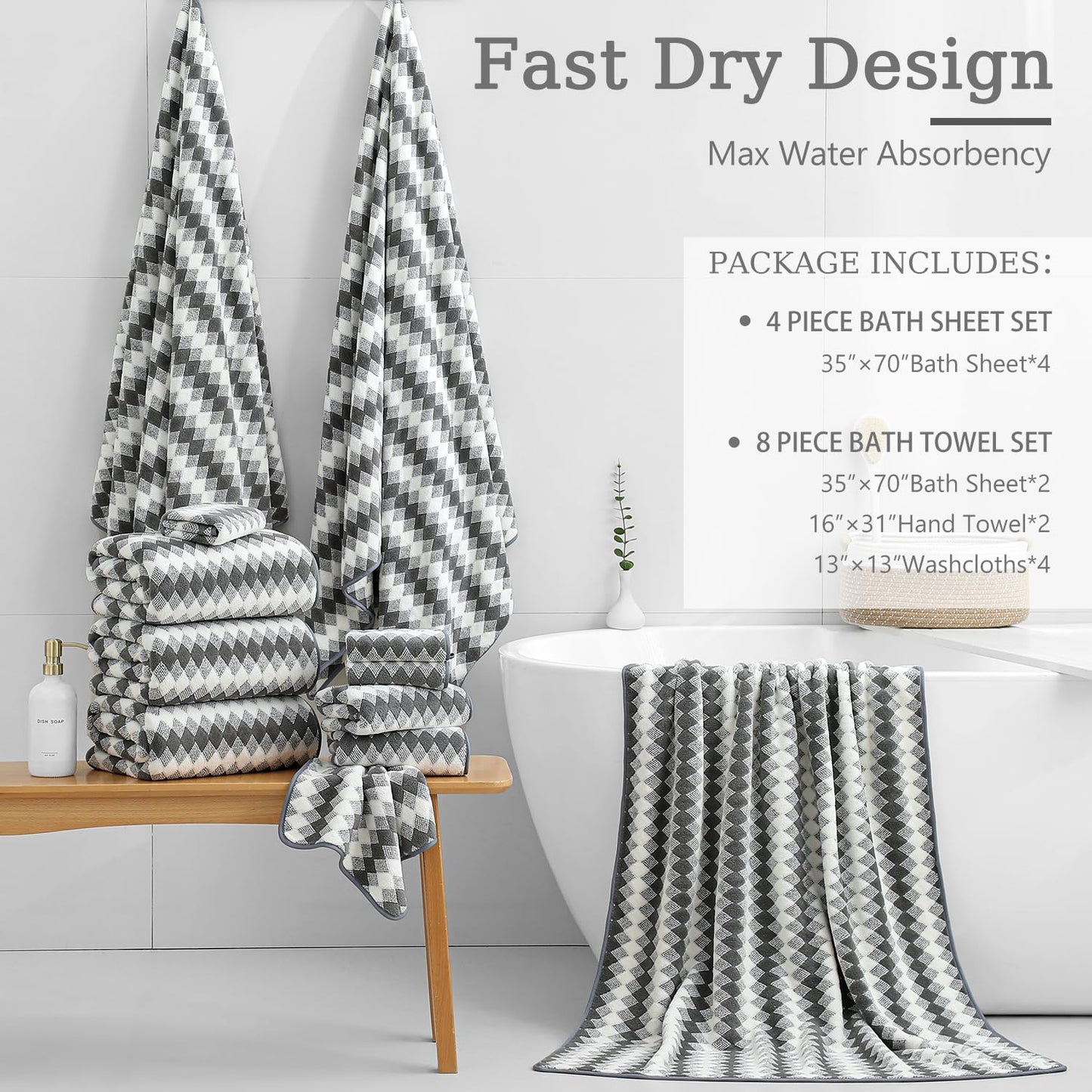 8 Piece Bathroom Towel Set Dark Grey|2 Oversized Large Bath Towels Sheet,2 Hand Towels,4 Washcloths| 600GSM Soft Premium Towel Set for Bathroom