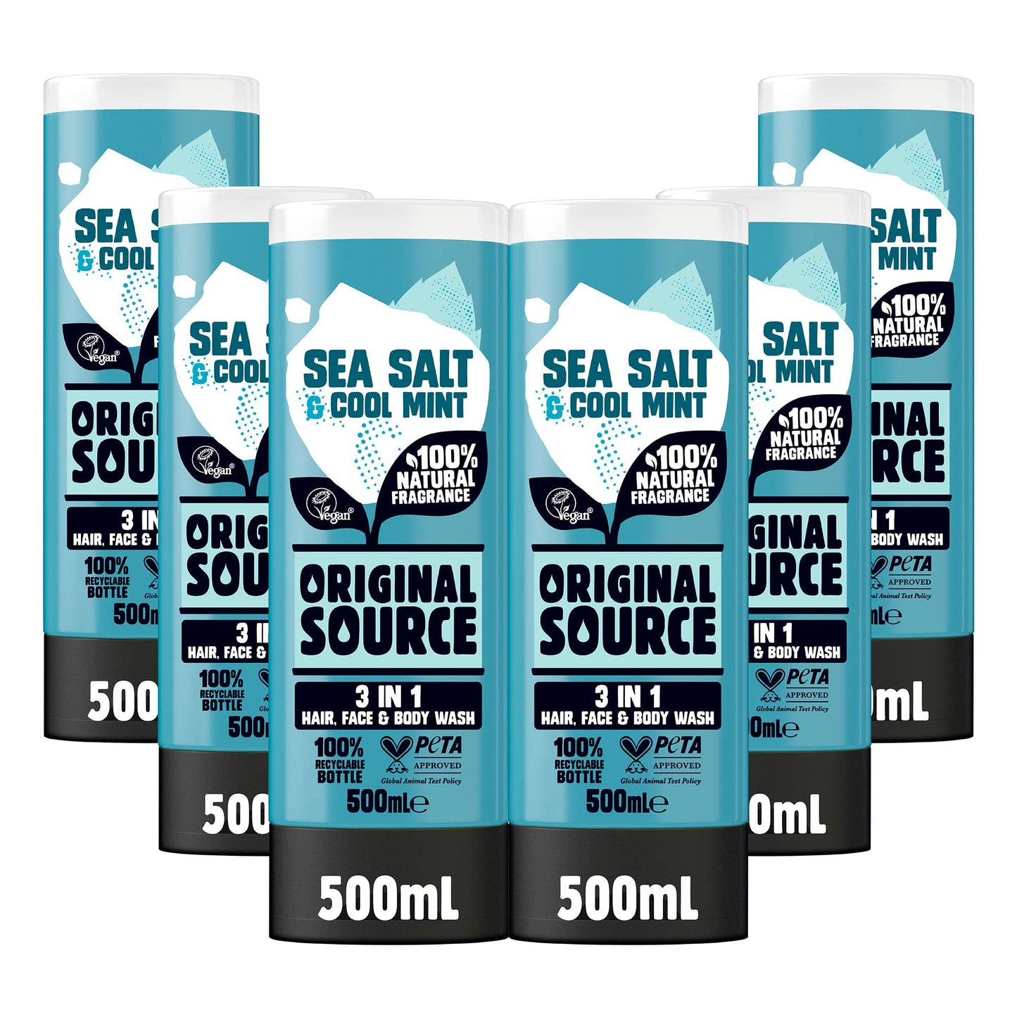 Original Source Mens 3in1 Sea Salt & Cool Mint Shower Gel, 100 Percent Natural Fragrance, Vegan, Cruelty Free, Paraben Free, Bulk Buy, Pack of 6 x 500