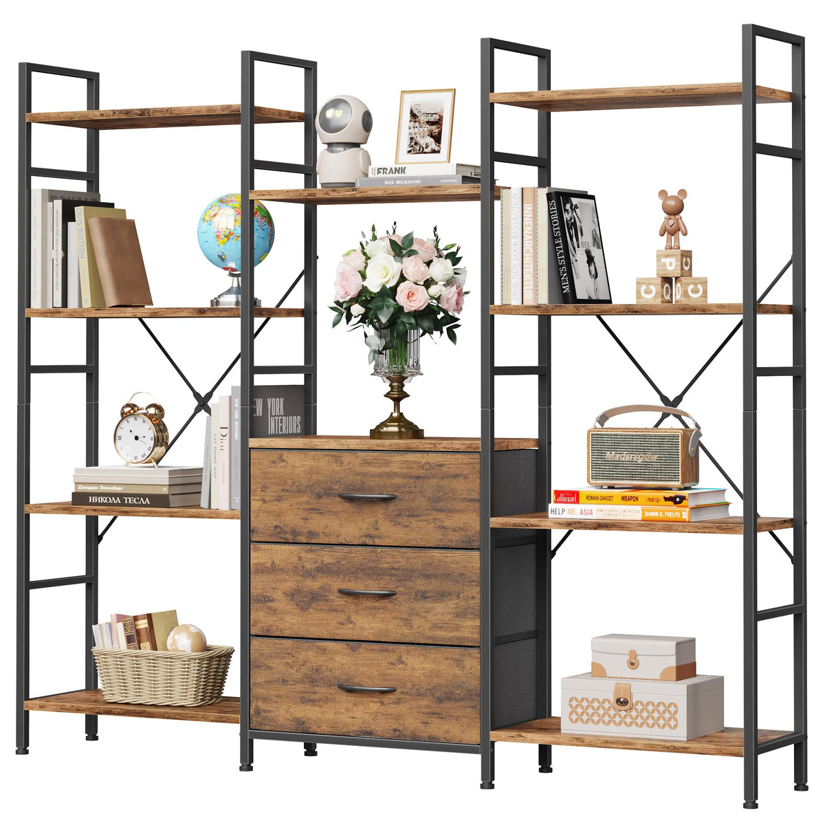 OYRREU 4-Tier Bookcase with Drawers, 150cm Wide Rustic Brown Shelving Unit