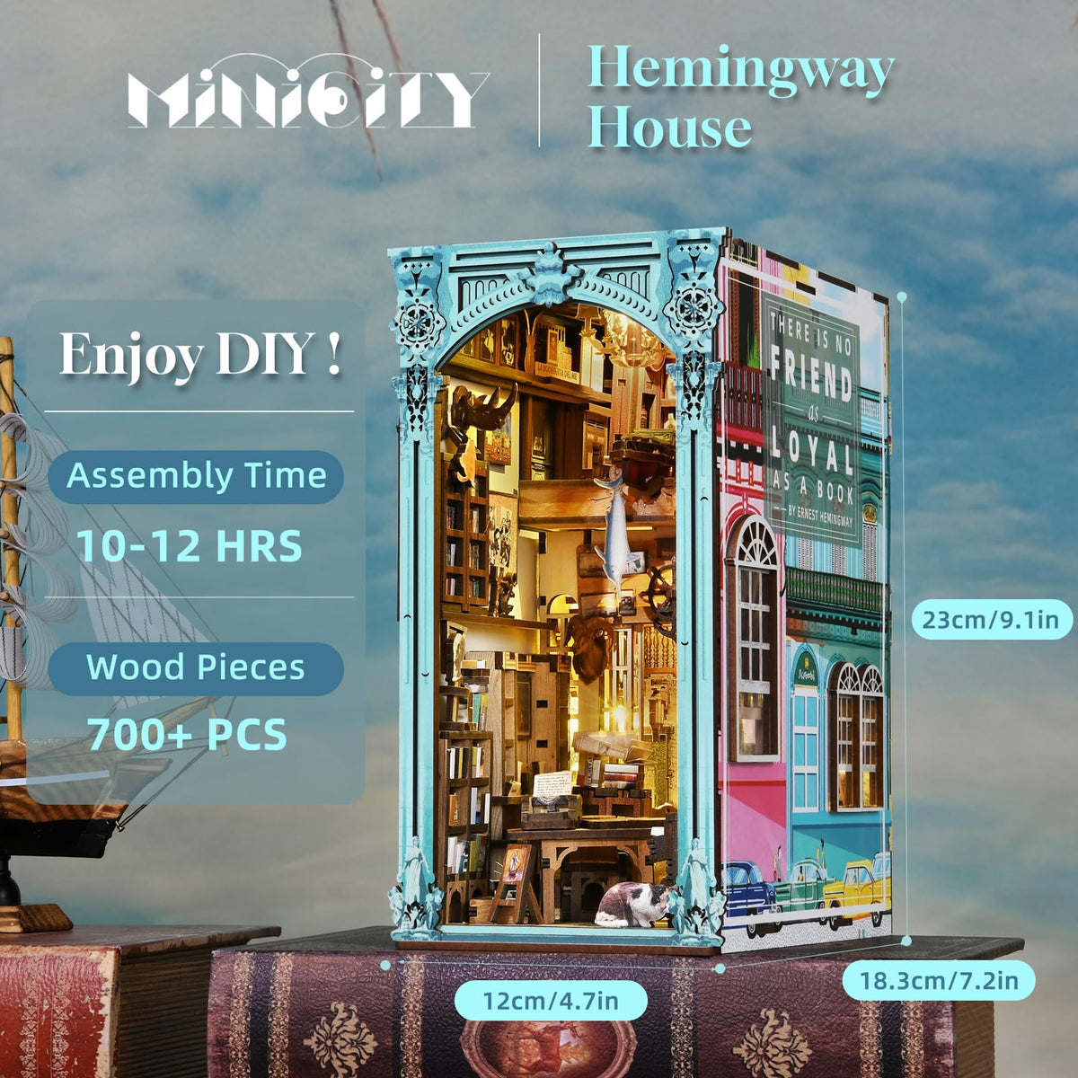 Minicity Book Nook Kit, DIY Dollhouse Booknook, Book Nook Miniature Kit for Bookshelf Insert Decor Crafts for Adults Teen Halloween, 3D Wooden Puzzle