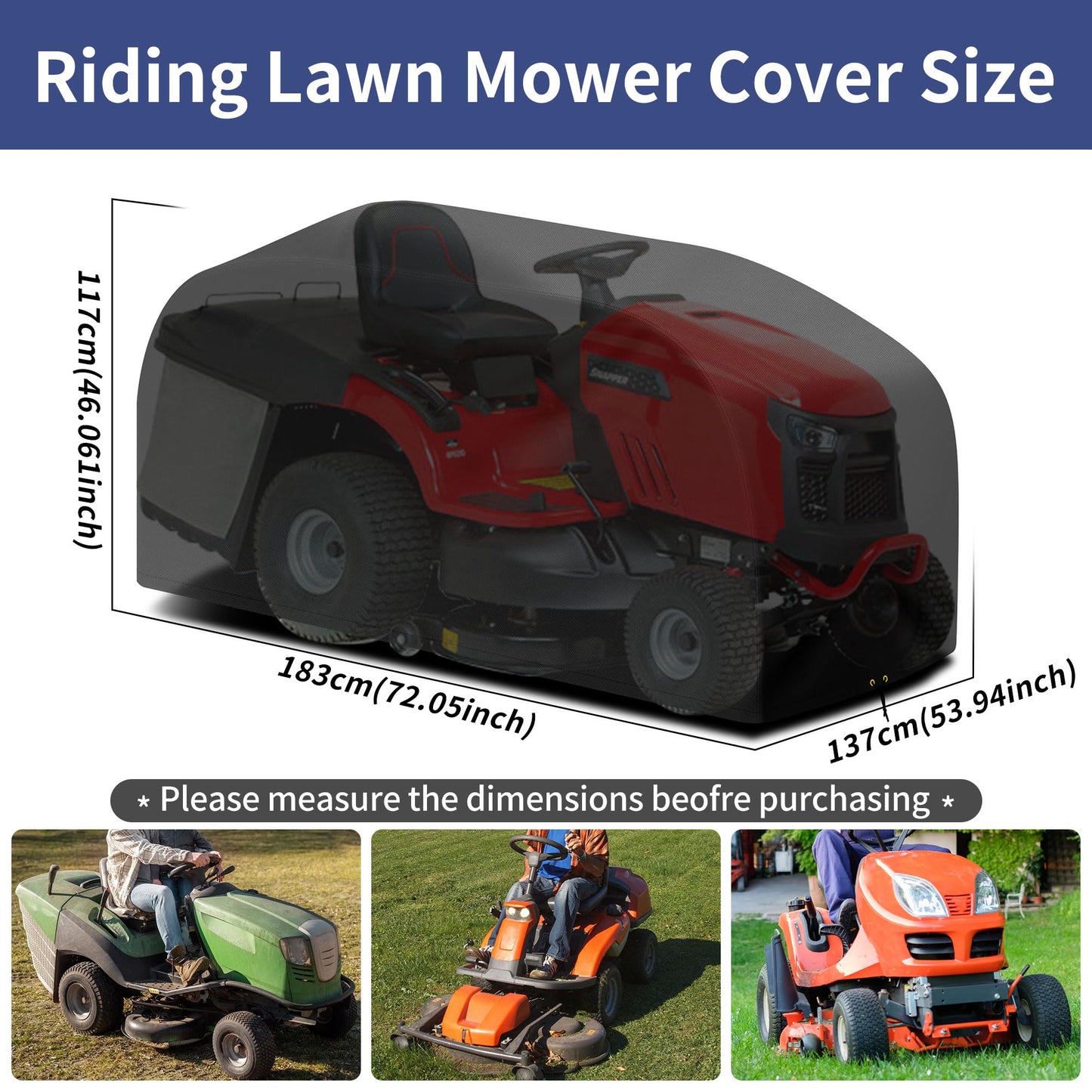RICHIE Riding Lawn Mower Cover, 183 x 137 x 117cm Outdoor Garden Tractor Cover Waterproof, Heavy Duty 420D Oxford Fabric lawn mower cover with