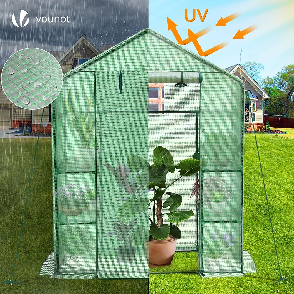VOUNOT? Walk In Greenhouse with Shelves, Portable Plastic Green House for Garden & Outside, Large Growhouse, Green 143x73x195cm