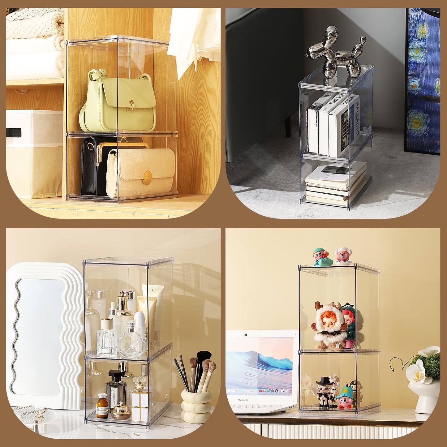 Fangoo 2 Pack Stackable Purse Bags Organizer for Closet Clear Acrylic Handbag Organizer Storage Boxes Display Case Kitchen Cupboard Bathroom