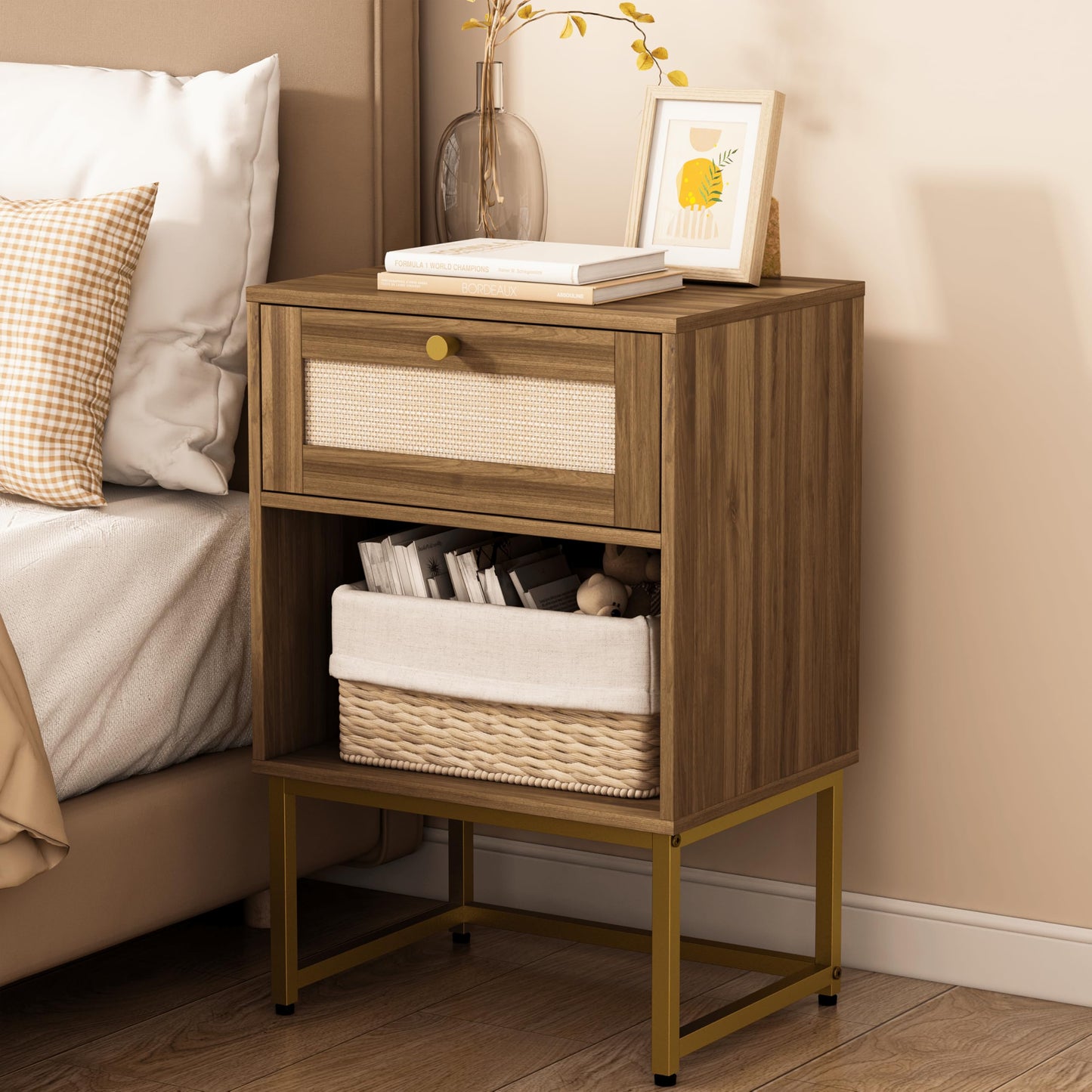 JERX Rattan Bedside Table, Farmhouse Wood Nightstand with Storage Drawer and Open Shelf Small Bedside Cabinet for Bedroom,Living Room,Office Walnut