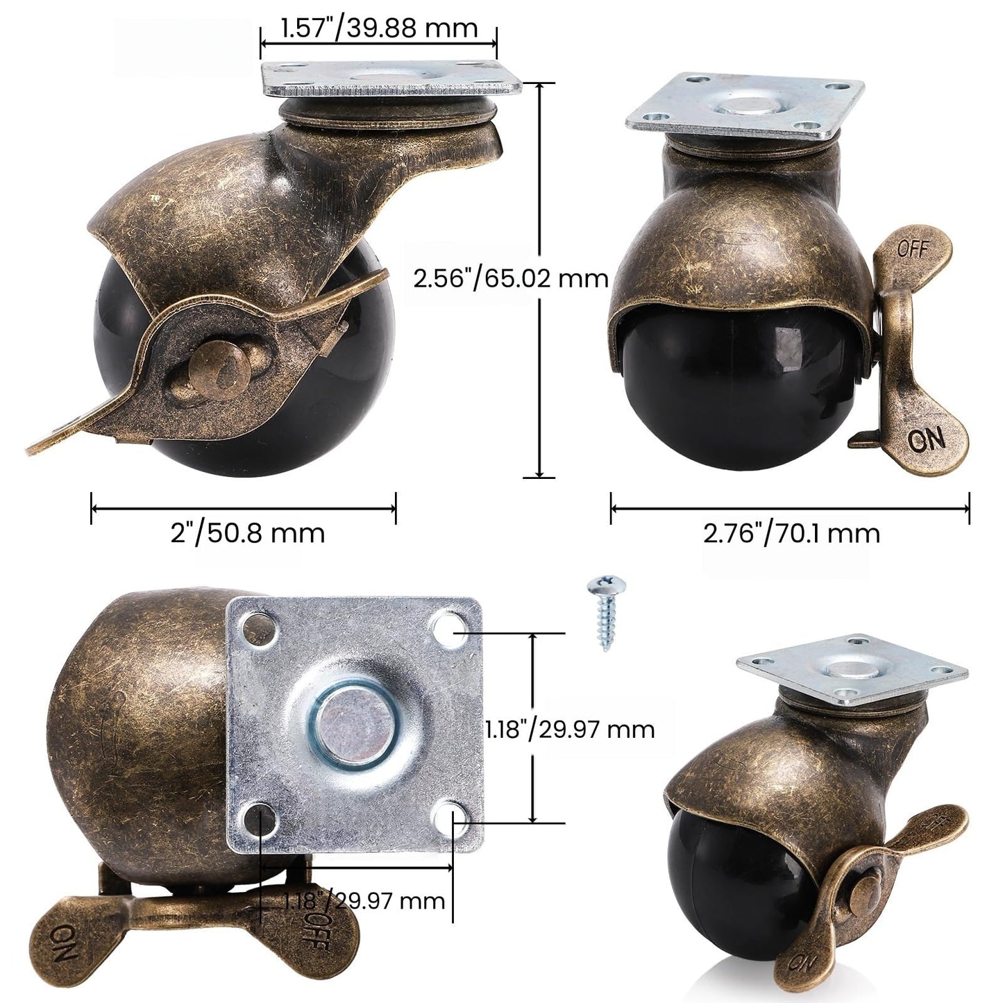 Goaste 8 Pack 50mm Ball Caster Wheels, Antique Brass Swivel Casters with Brakes, Vintage Spherical Ball Casters with Sockets