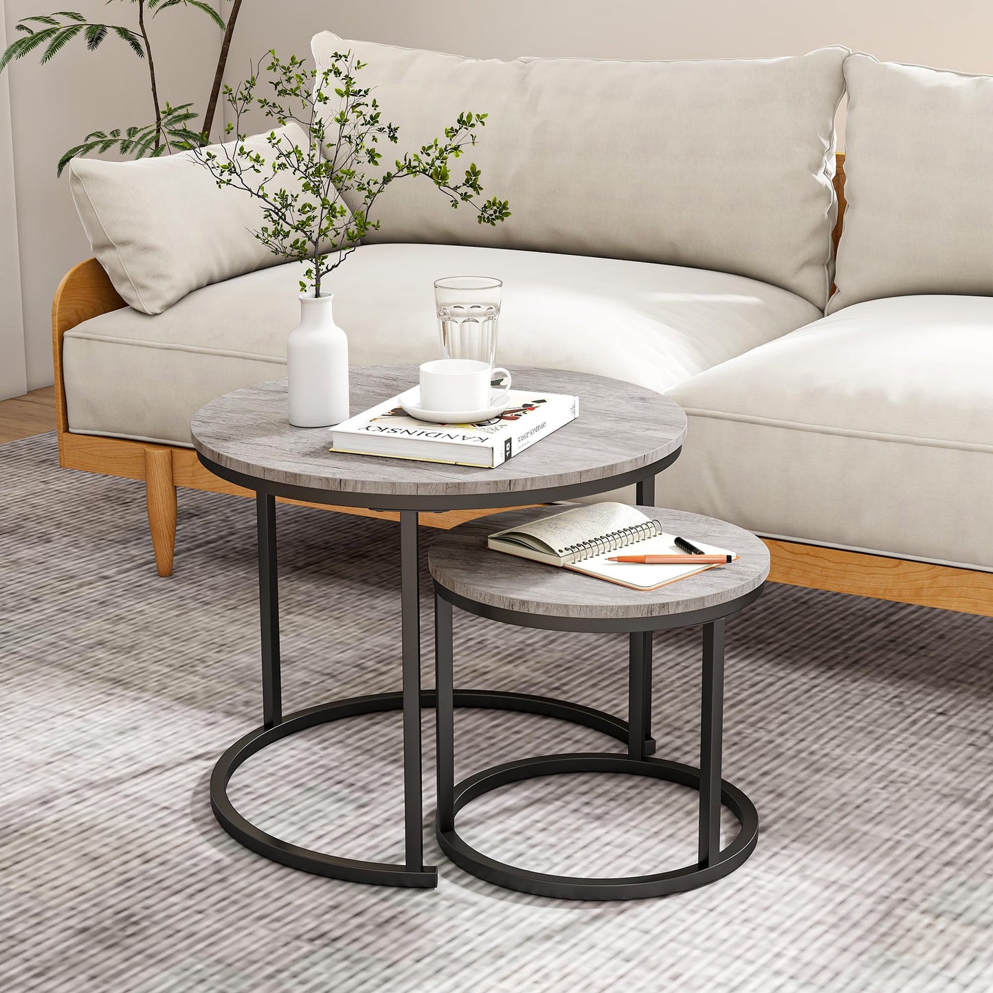 HOJINLINERO Small Round Nesting Coffee Table Set of 2 with Metal Frame and Wood Top, Modern Stacking Side Table for Living Room, Bedroom, Office