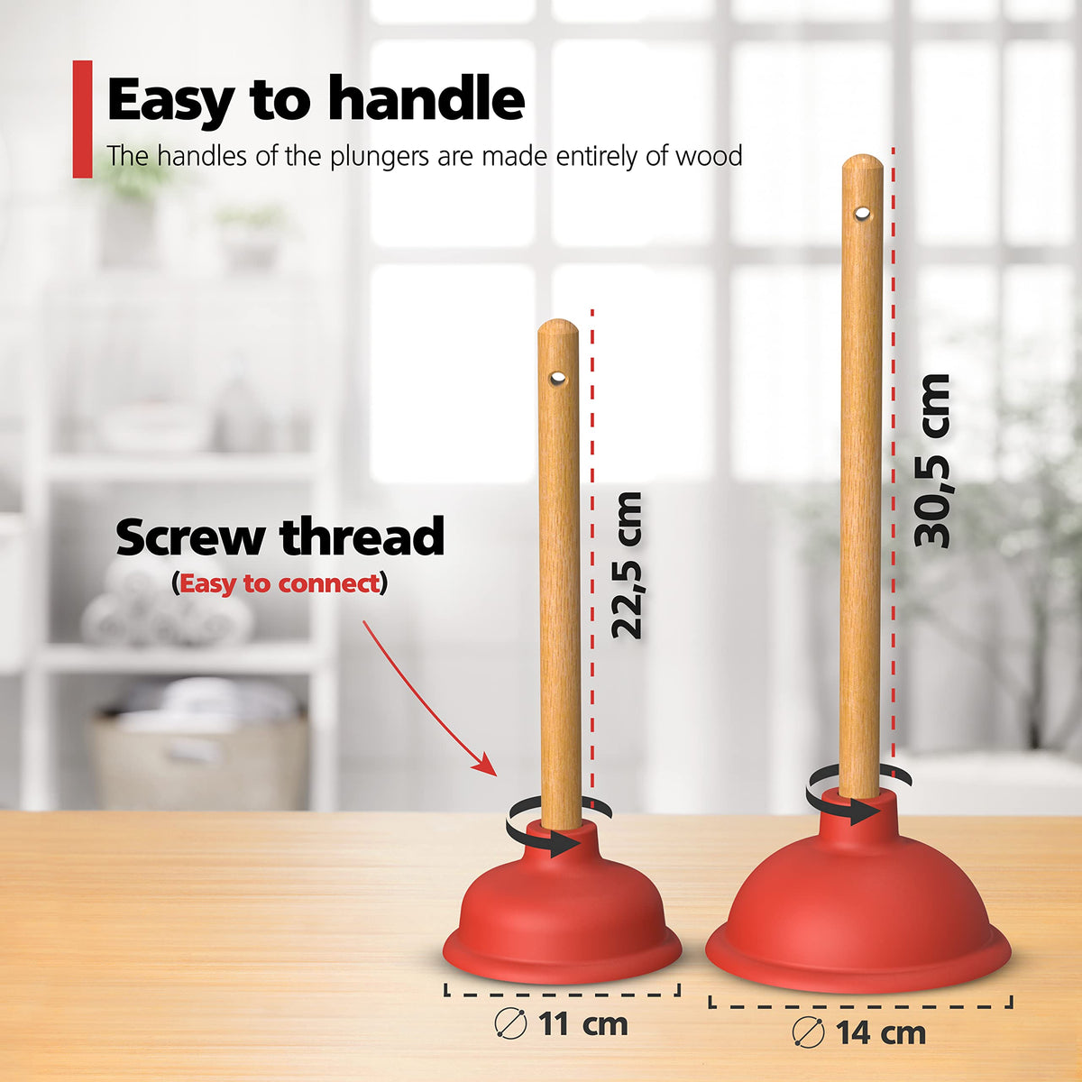 Nirox Set of 2 Sink Plungers 110 & 140 mm, Wooden Handles