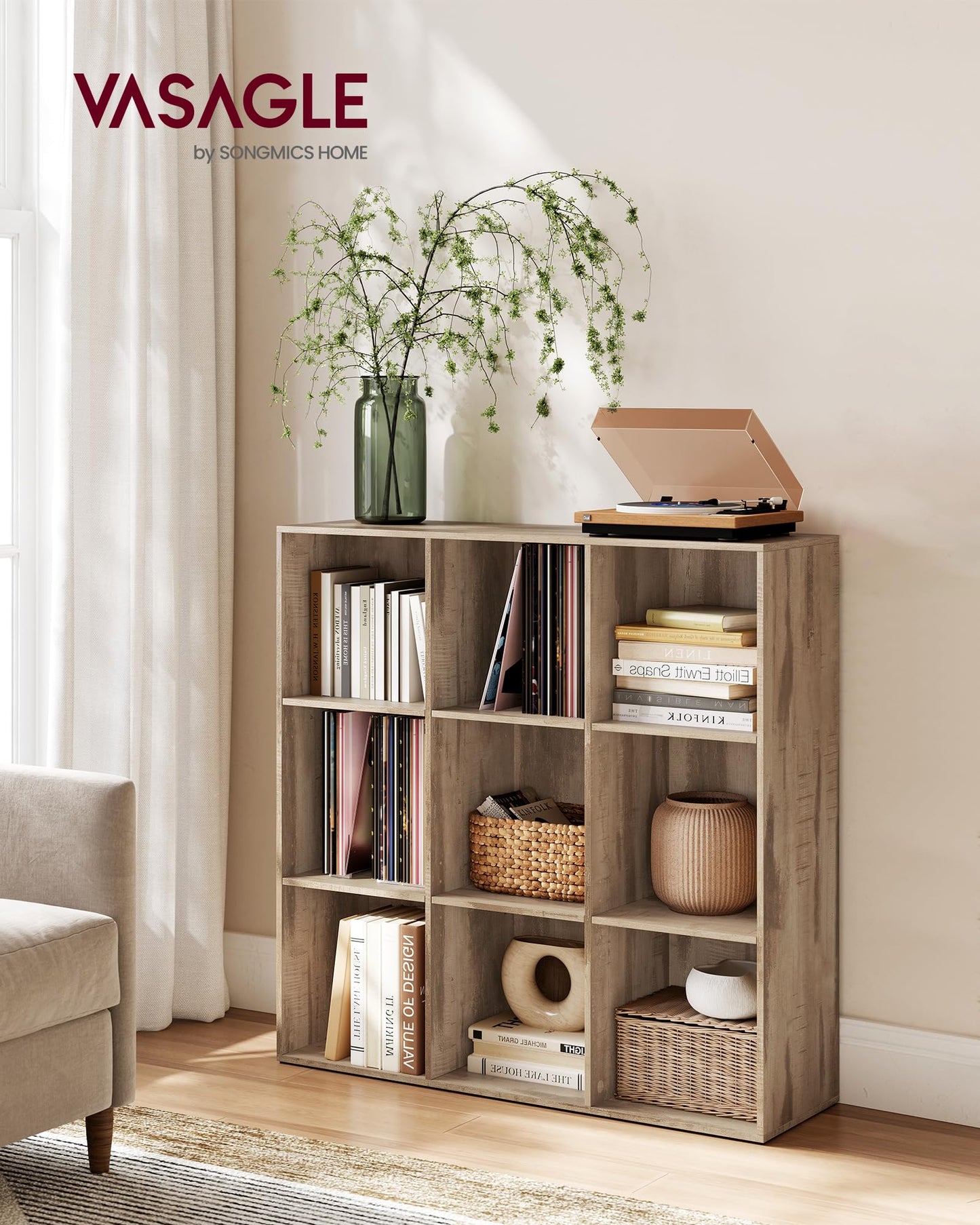 VASAGLE Bookcase, Bookshelf, Storage Shelf with 9 Compartments, Standing Shelf, Cube Shelf, for Living Room, Home Office, Dinning Room, Camel Brown