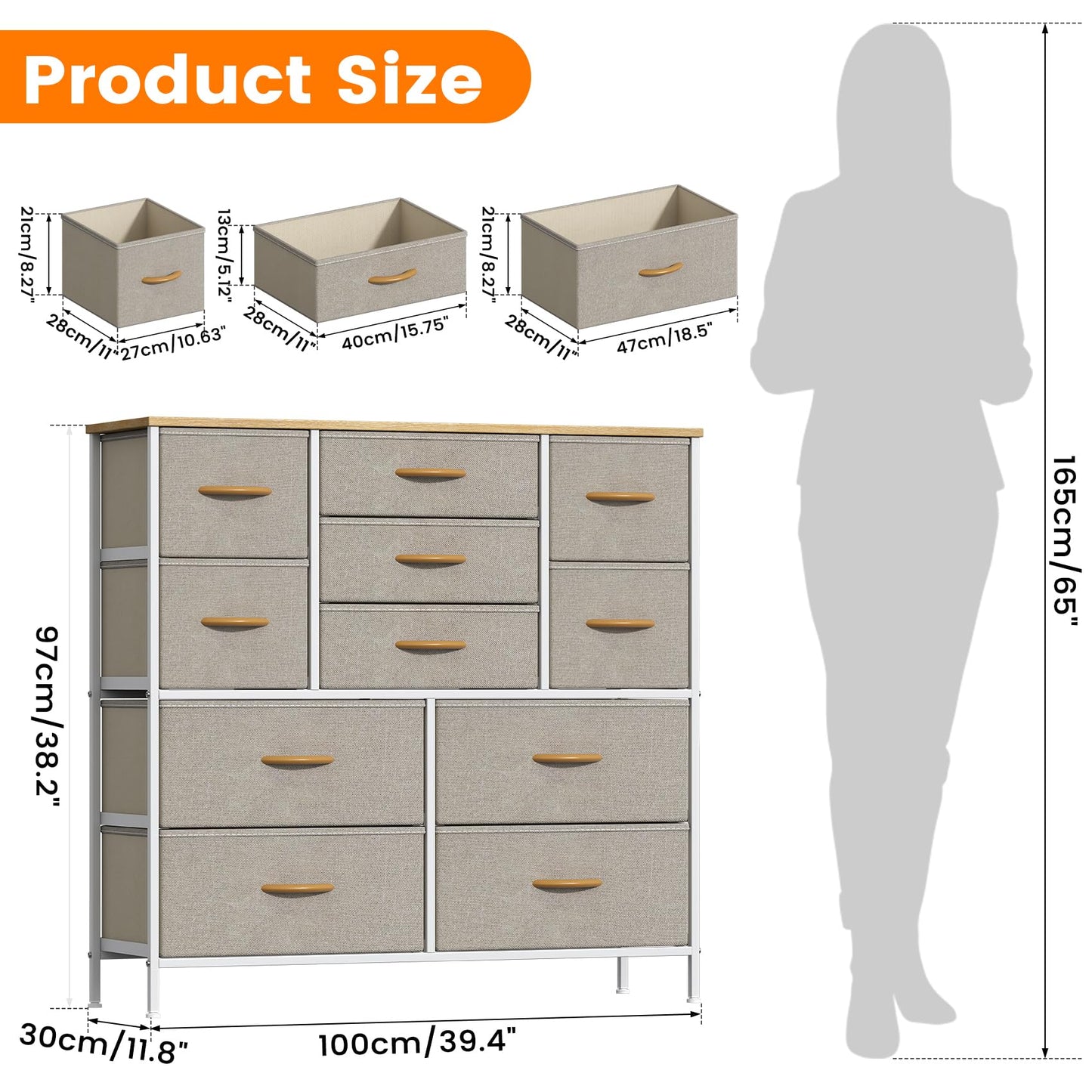 GoaHi Chest of Drawers, Large Dressers with Metal Frame and MDF Wooden Top Board, Adjustable Feet, Anti-Tip Safety