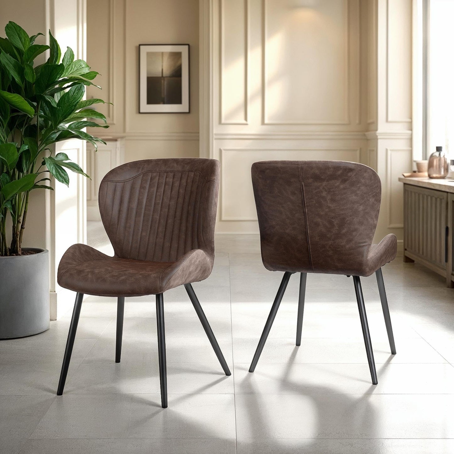Seconique Quebec Wave Edge Dining Set with 4 Dining Chairs in Medium Oak Effect/Brown Pu
