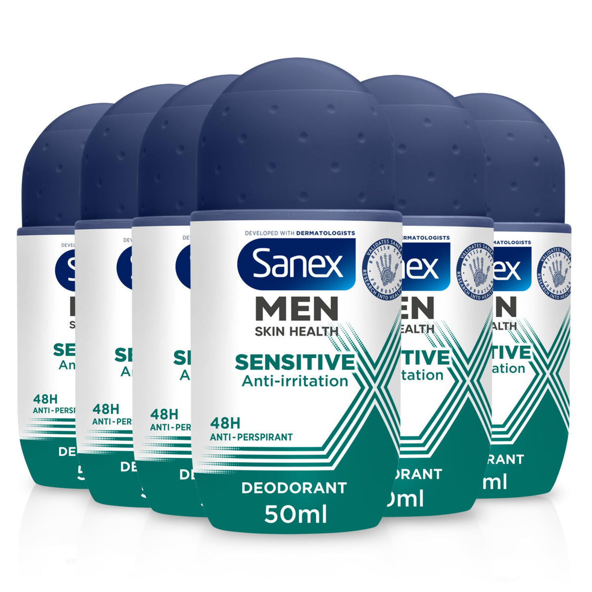 Sanex Men Sensitive Antiperspirant Roll-On Deodorant 6x50ml - 48 hour sweat protection - odour-fighting formula - slows down odour release - gentle on
