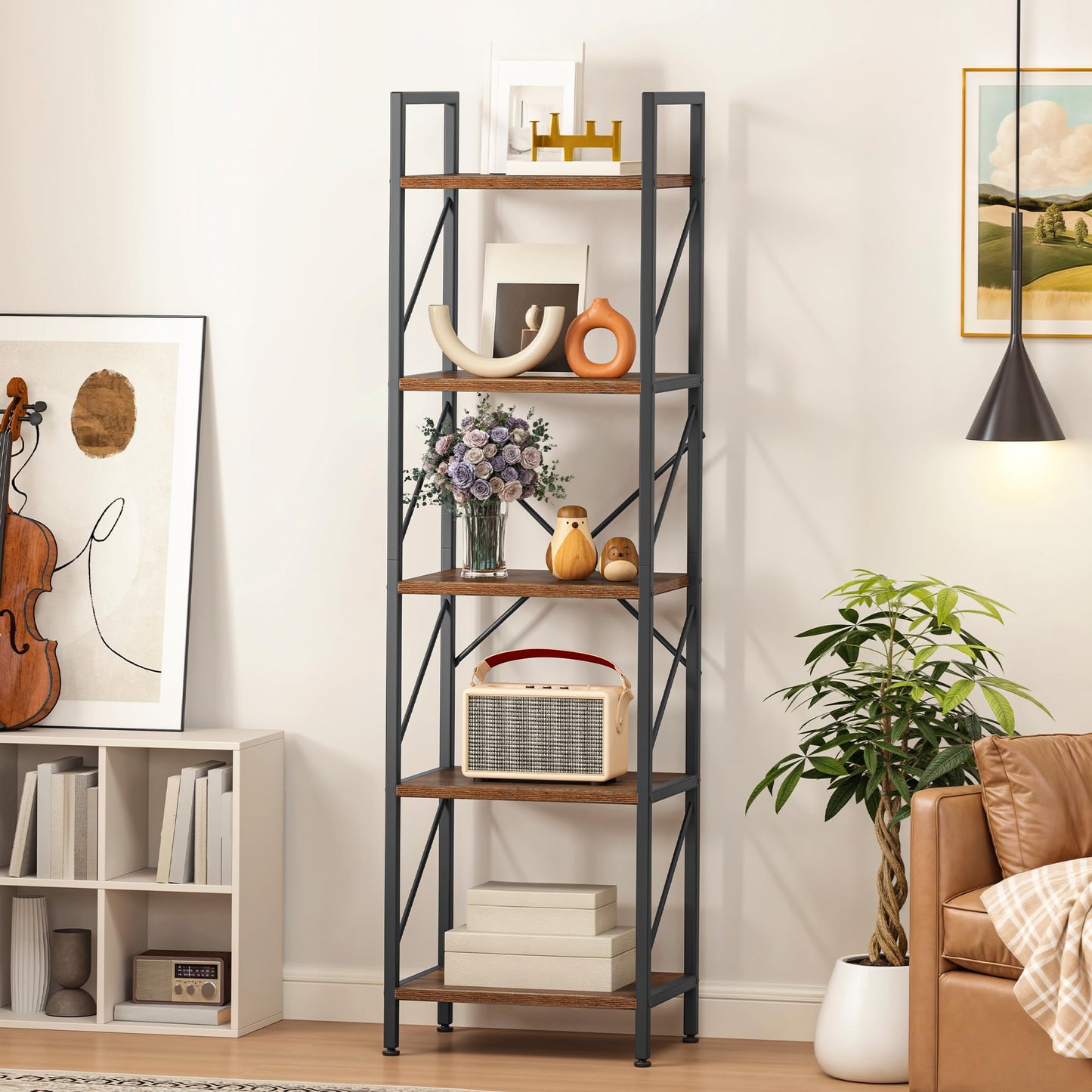 YITAHOME Bookshelf 5 Tier, Corner Narrow Slim Shelf Wooden Shelf and Metal Frame Industrial Storage Rack for Living Room Home Office Kitchen Bedroom