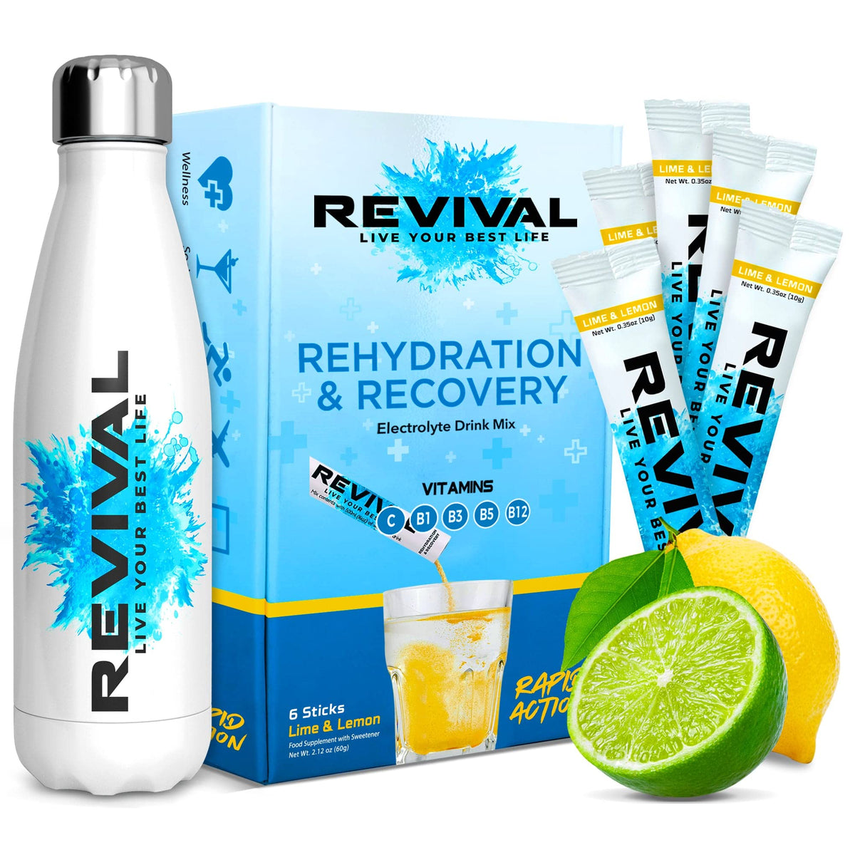 Revival Rapid Rehydration Starter Pack - 500ml Steel Water Bottle with 1 x 6 Packs Electrolytes Powder Sachets - Lemon