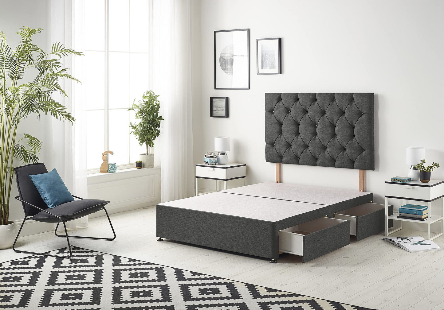 Bed Centre Premier Divan Base with 2 Drawers and Matching Headboard - Available in Multiple Fabrics and Colours (3FT Single, Tweed Charcoal)