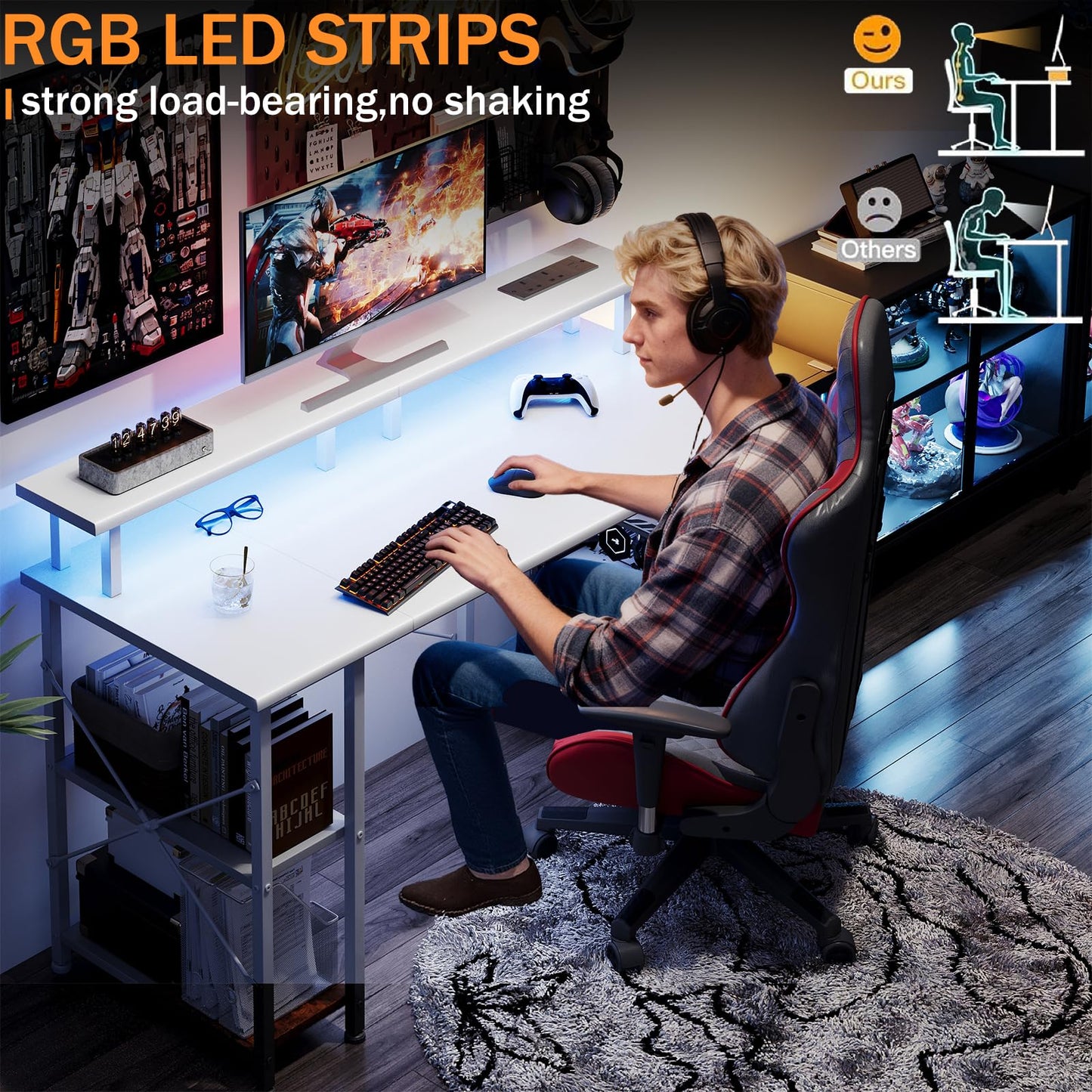 MUTUN Gaming Desk with LED Lights & Power Outlets, 120x50cm Computer Desk with Storage Shelves and Dual Monitor Stand