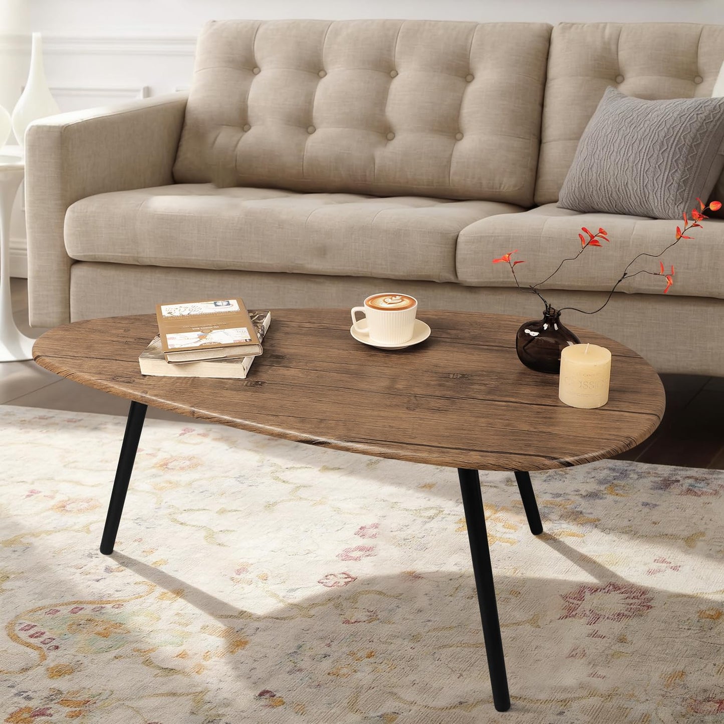 WDSHIYI Mid Century Modern Coffee Table,Large Oval White Coffee Table for Living Room,for Small Spaces, Brown&Black 108 D x 56 W x 40 H