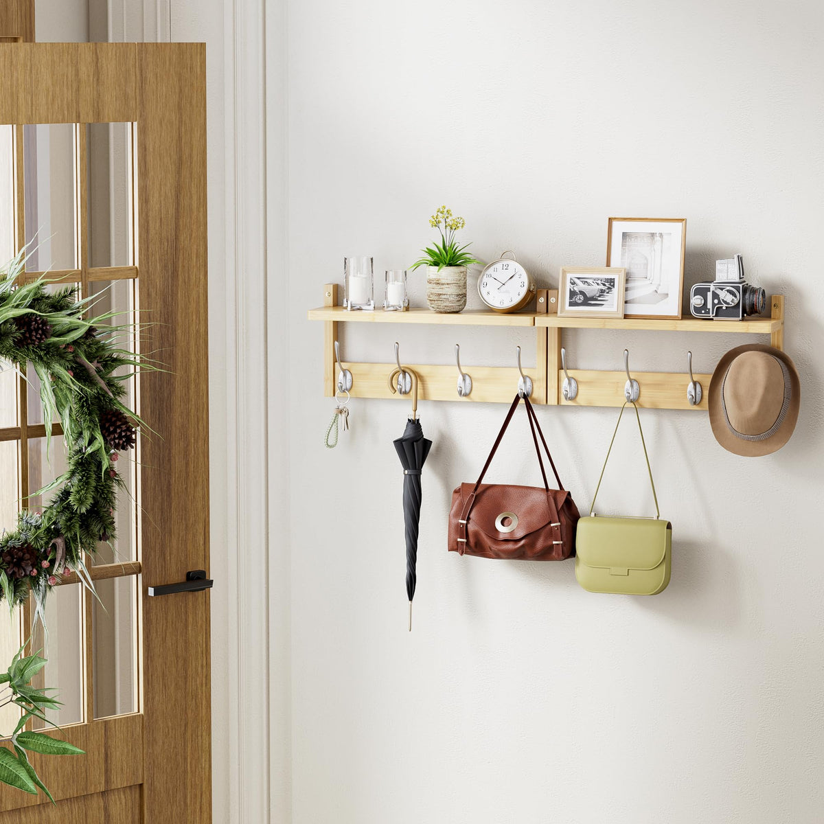 STELLSTAR Coat Rack with Shelf, 2 Pack Bamboo Wall-Mounted Coat Hanger with 8 Hooks for Entryway, Hallway, Kitchen, Bathroom, Living Room