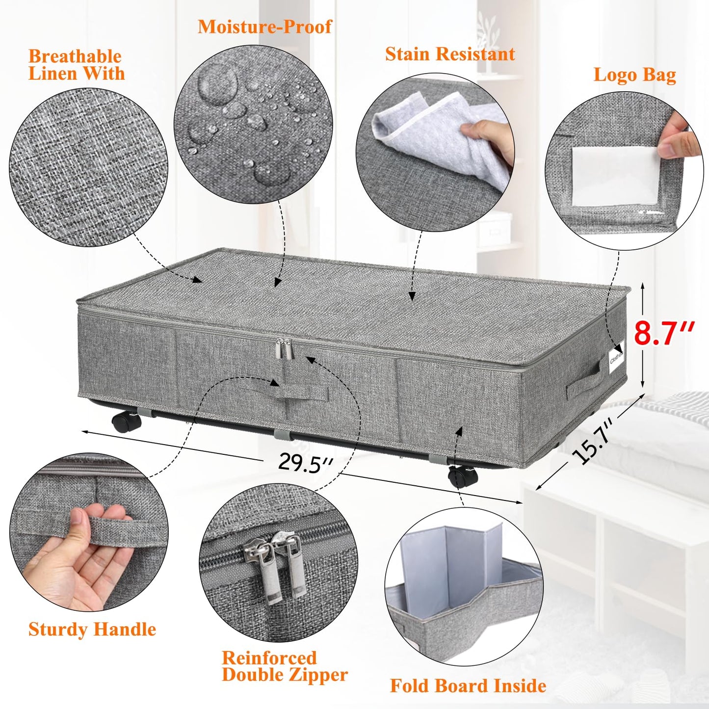 JUPELI Under Bed Storage on Wheels, Extra Large 50L Foldable Under Bed Storage Organiser, 2 Pack Underbed Storage on Wheels, Rolling Underbed Storage