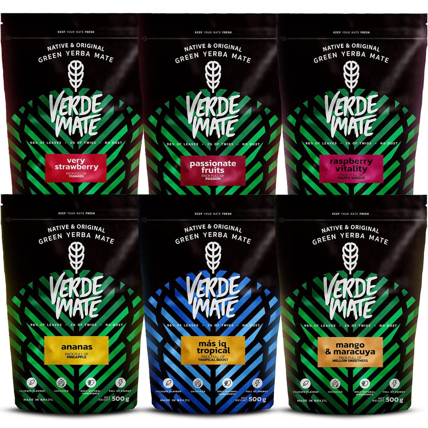Verde Mate Green Fruity Yerba Mate Tea Set 6x500g - Mas IQ, Pineapple, Strawberry, Raspberry, Mango & Maracuya, Papaya, Brazilian