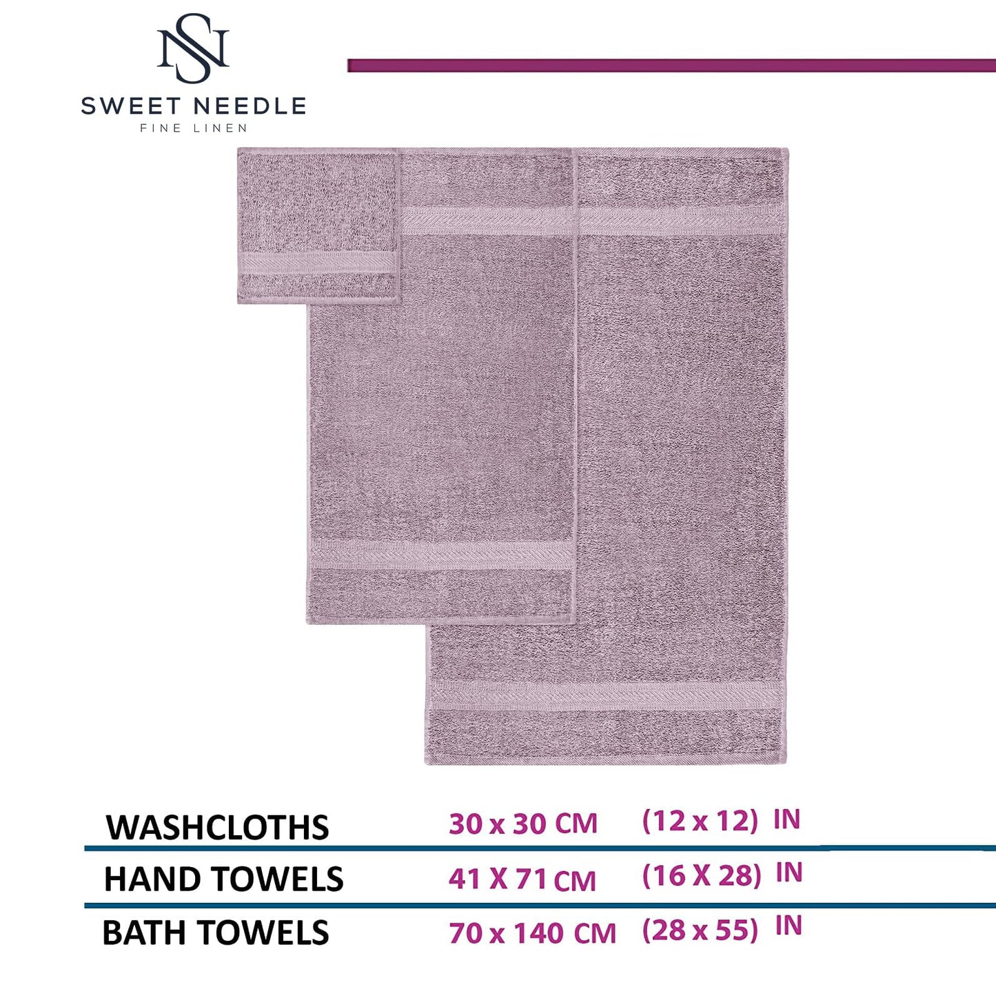 SweetNeedle 6 Piece Towel Set - 2 Bath Towels, 2 Hand Towels and 2 Washcloths Cotton Daily Use Hotel Spa Quality Soft Highly Absorbent Quick Dry