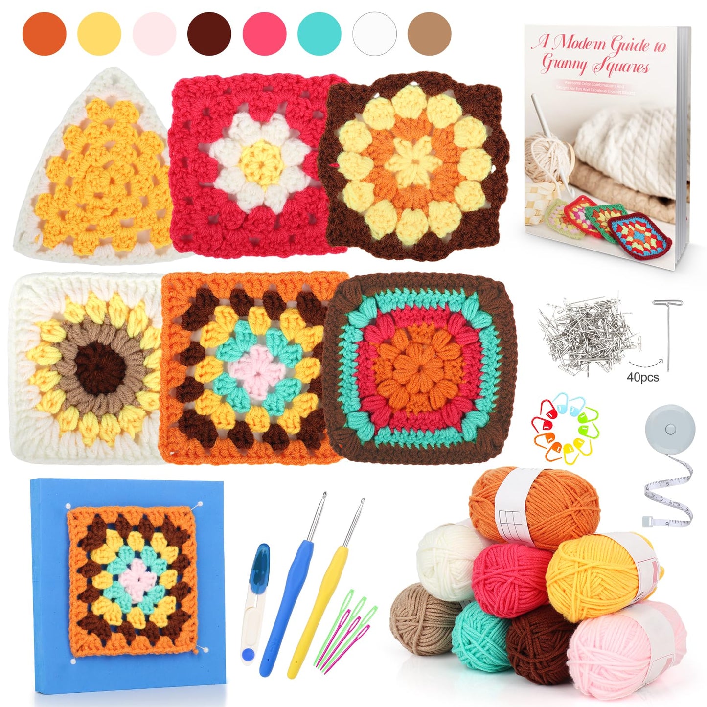 Reessy Crochet Kits for Beginners Adults, Granny Square Crochet Starter Kit with 8 Colors Yarn, Crochet Blocking Mat and Crochet Book, Beginners