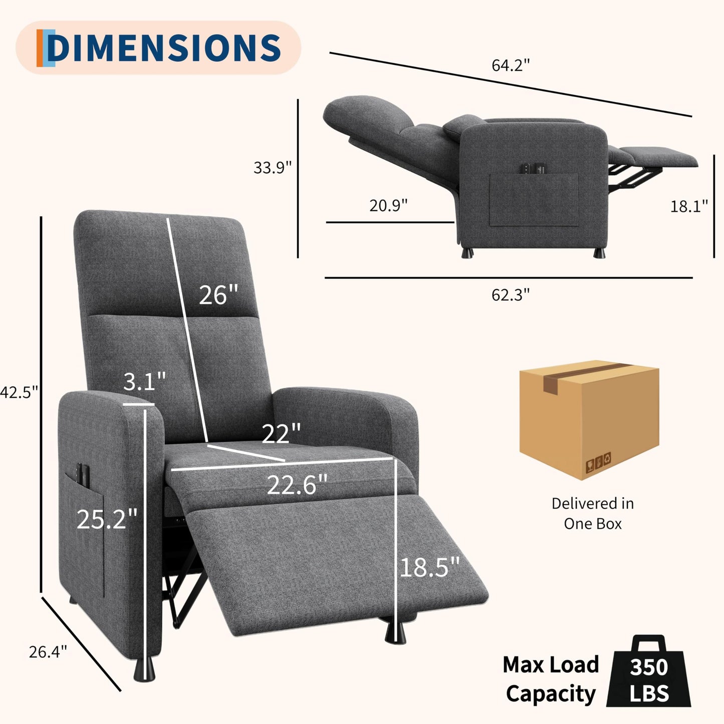 GarveeHome Recliner Chair Reclining Sofa with Massage & Heat(Grey)