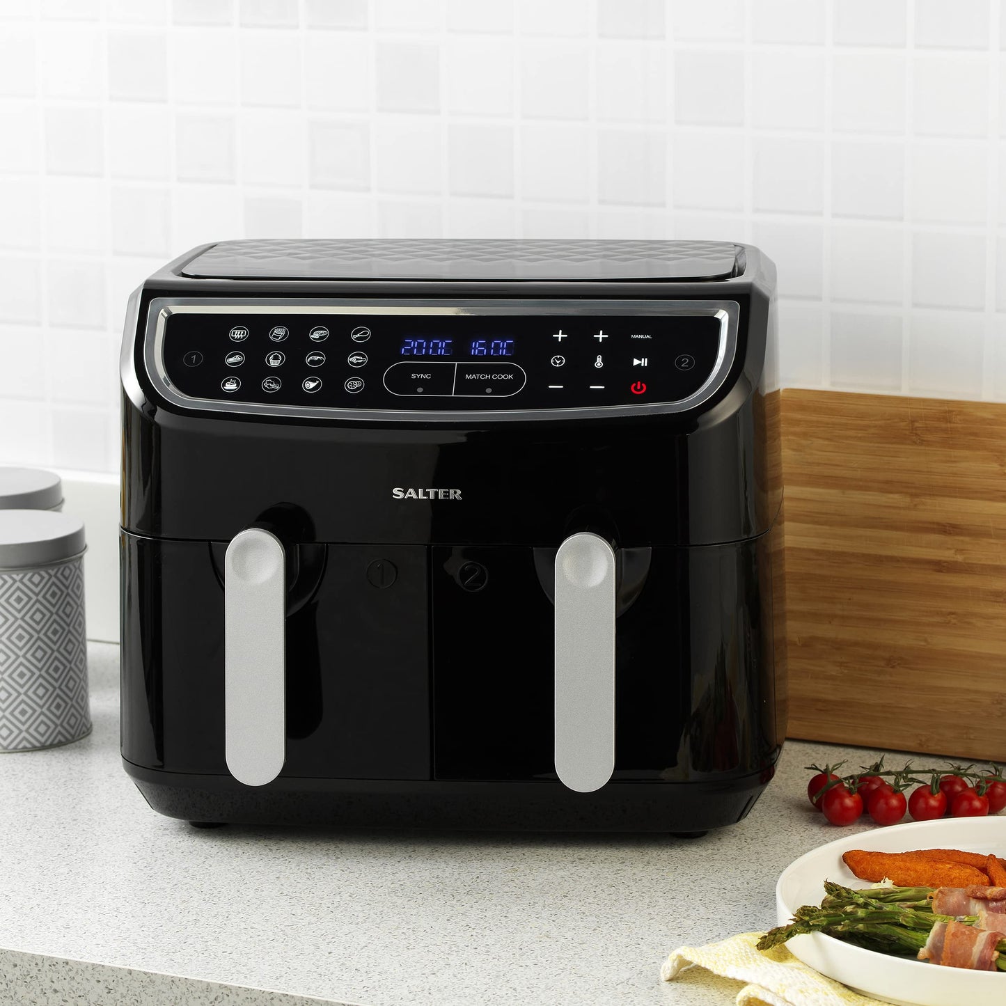 Salter EK4548 Dual Air Fryer - Double Drawer, 2 XL Non-Stick Cooking Trays, Sync & Match Cook Function, Independent Cooking, 8.2L, Sensor Touch