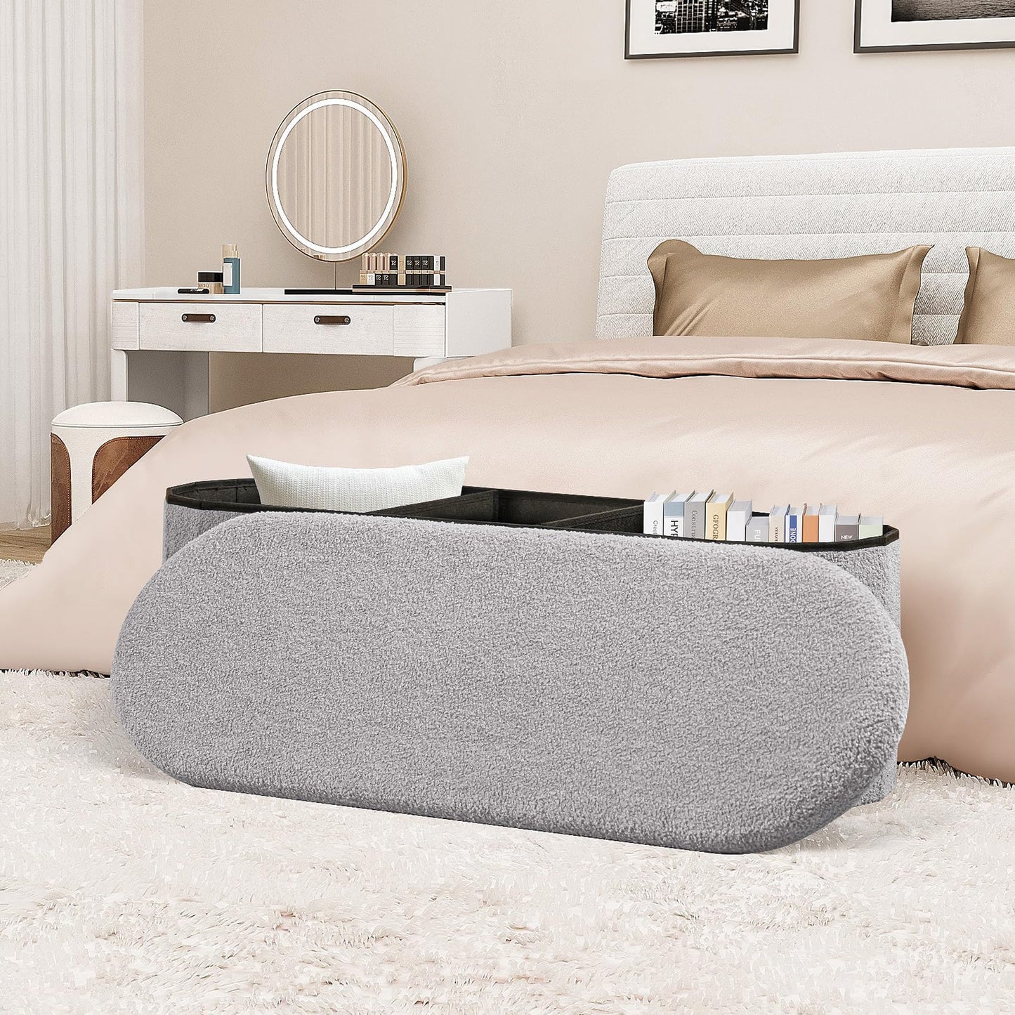 Bonlife Folding Ottoman Storage Bench,Boucle Footstool Oval, End of Bed Stool, Ideal for Living Room, Bedroom, 100L Storage Space,Grey