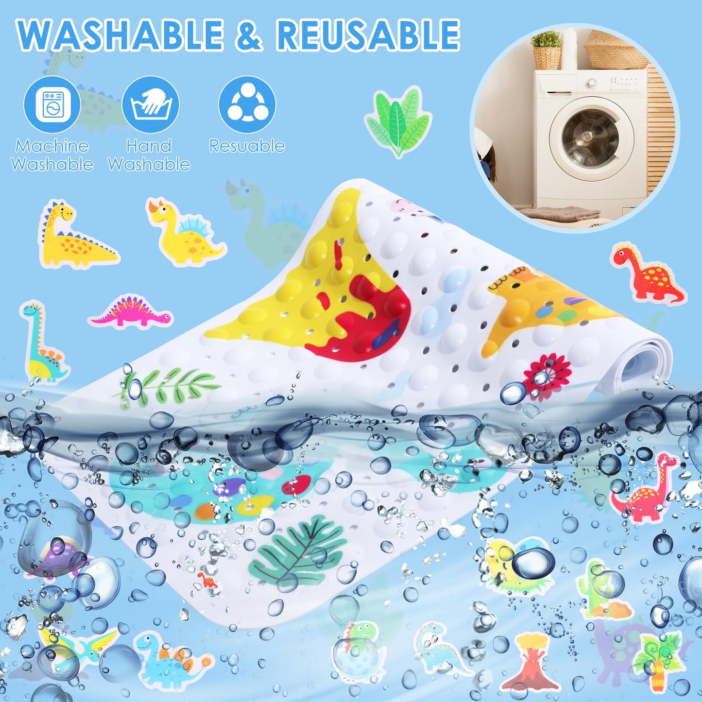 GWCYMYD Baby Bath Mat Non Slip Anti Mould, 100x40cm Extra Long Bathtub Mat for Kids with 30 Shower Stickers