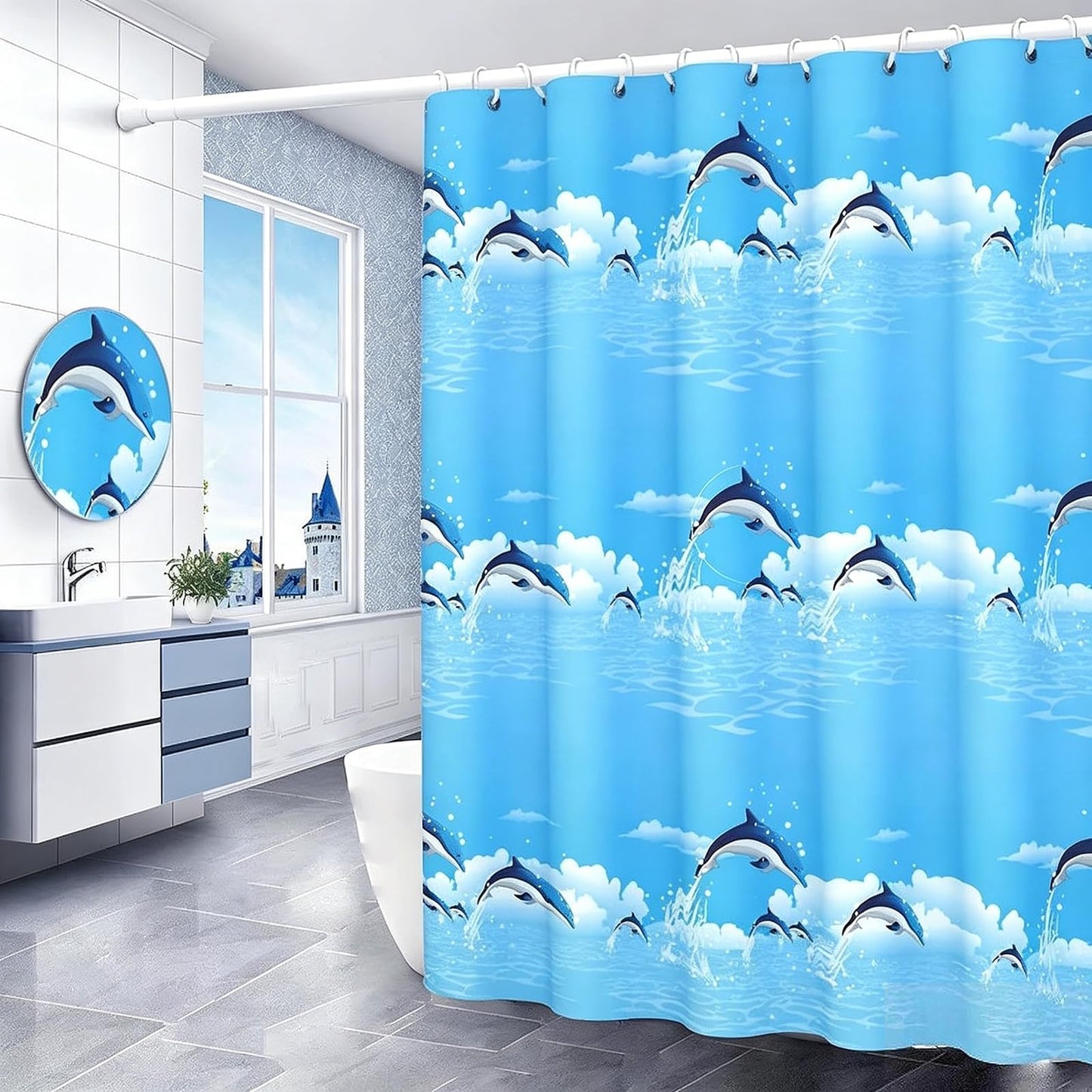 HUANYO Shower Curtain Mould Proof Resistant, 180 x 200cm Waterproof Bathroom Bathtub Curtain with 14 Hooks, One Piece per Set for Bath