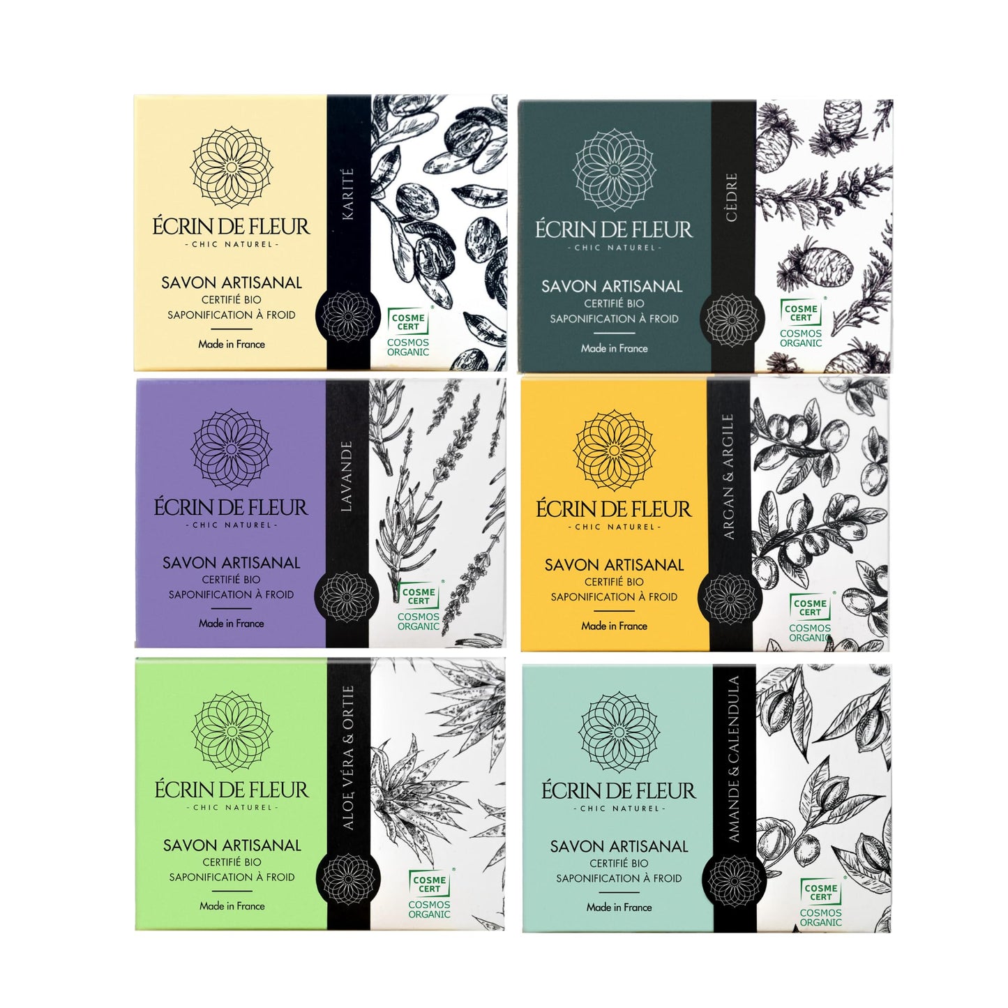 ?crin de Fleur ? Organic Artisanal Soap 6-pack (Almond & Calendula, Argan & Clay, Aloe Vera & Nettle, Shea Butter, Lavender, Cedar)