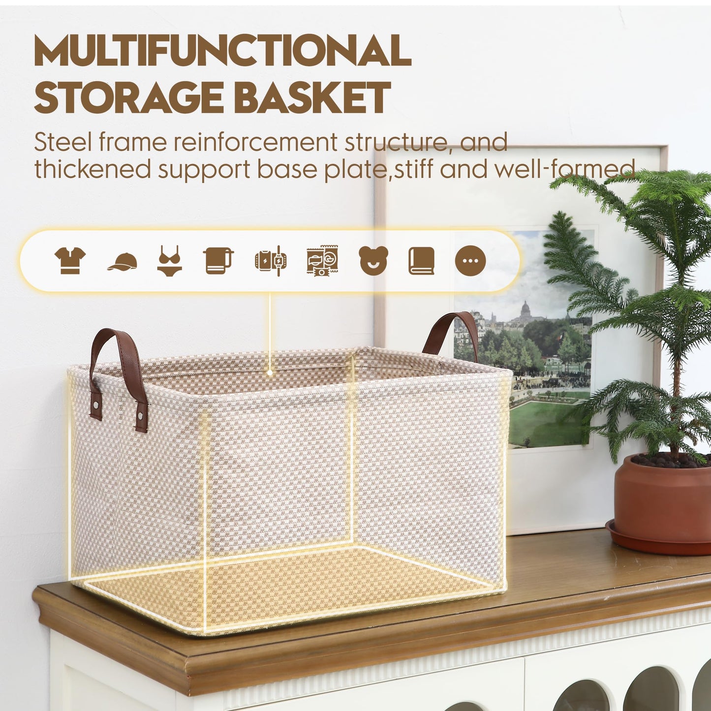 Sea Team Square Jute Storage Basket Internal Frame Structured Organizer