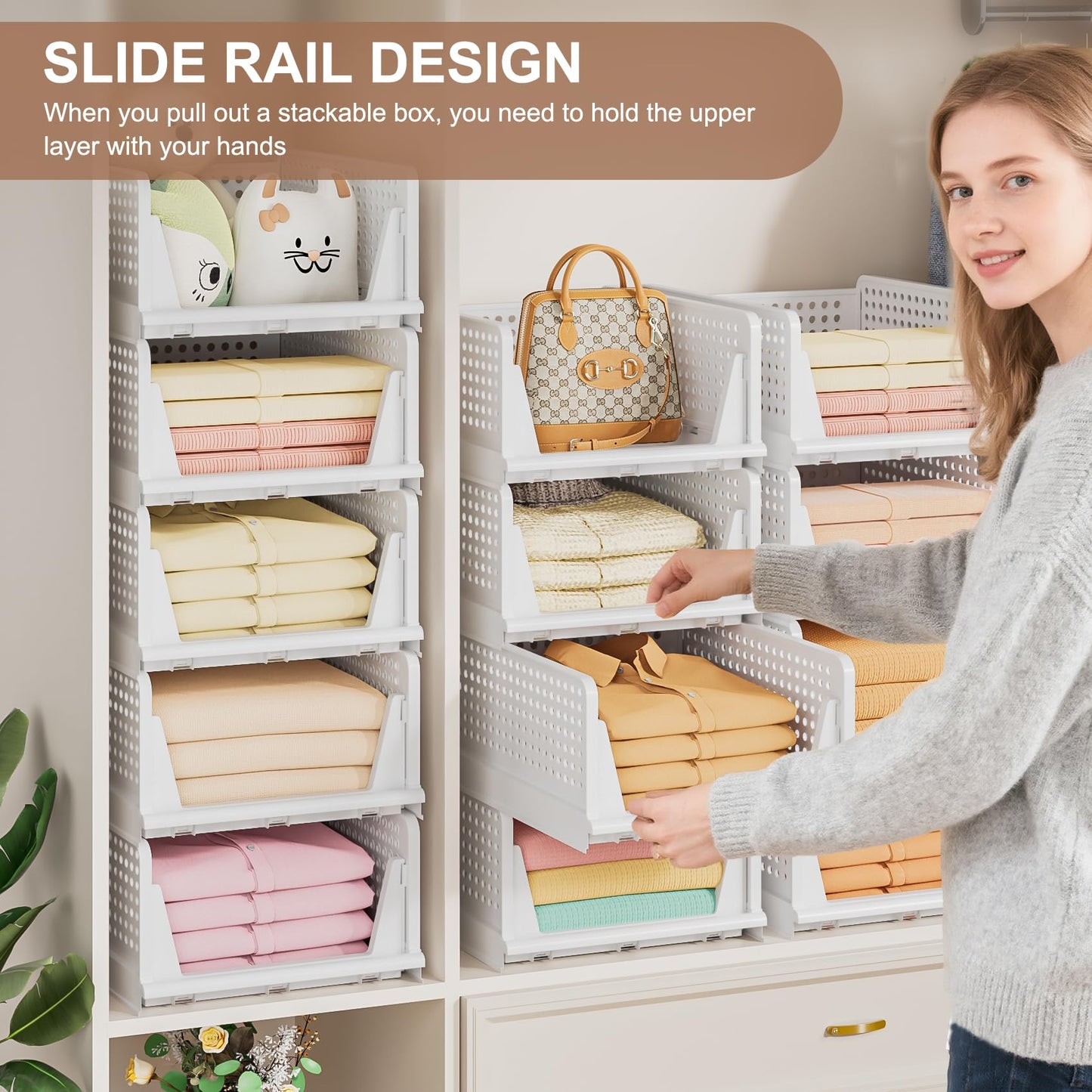 Neprock Wardrobe Storage Organiser - 4 Pack Stackable Storage Drawers for Inside Wardrobe Shelves, Plastic Closet Organiser Drawer