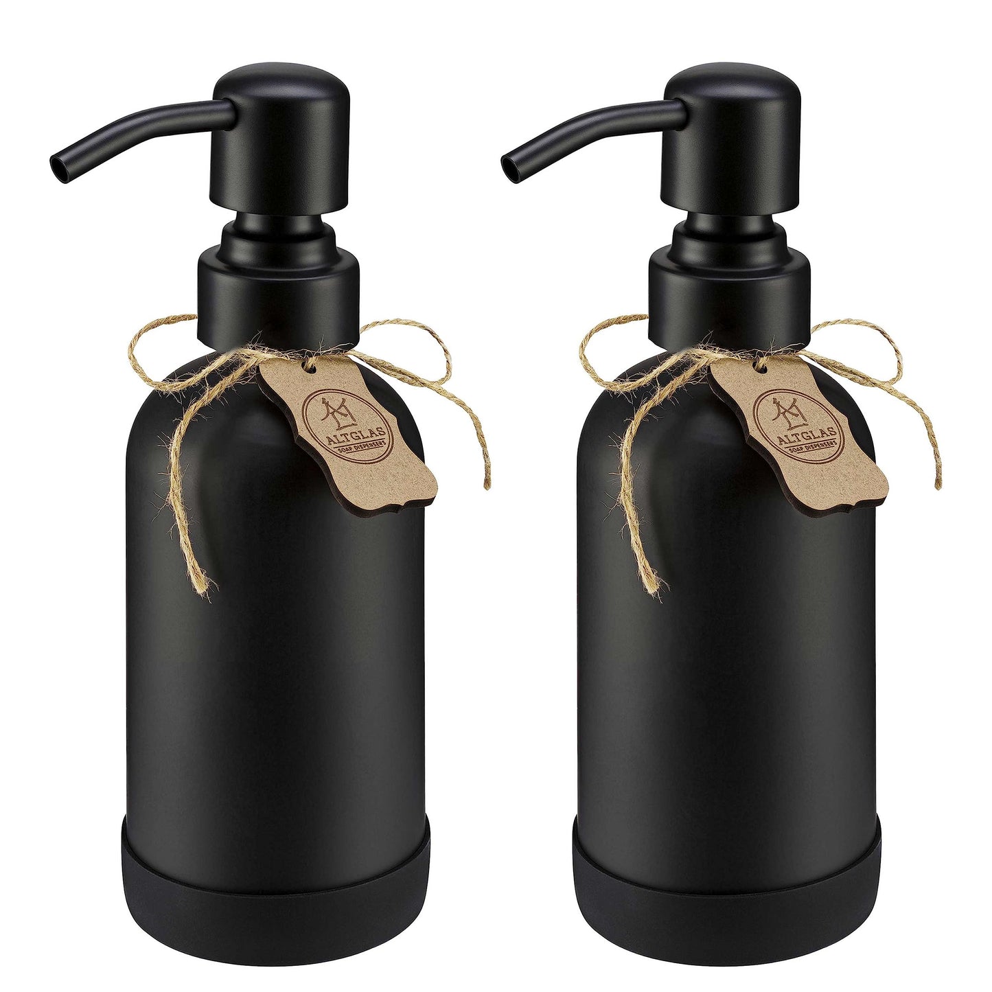 ALTGLAS Refillable Glass Soap Dispenser 'Sarajevo' from Small Black Bottle with Stainless Steel Pump and Silicone Coaster (250ml, Set of 2)