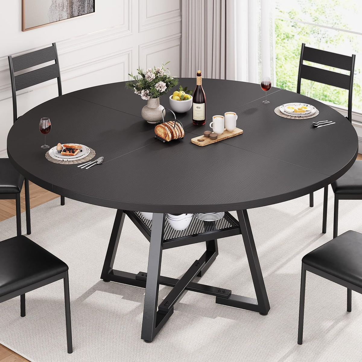 Jocoevol Round Dining Table for 4-6 People, Circle Dinner Table with Shelves, Space Saving Wood Kitchen & Dining Room Furniture (Black, 51 inch