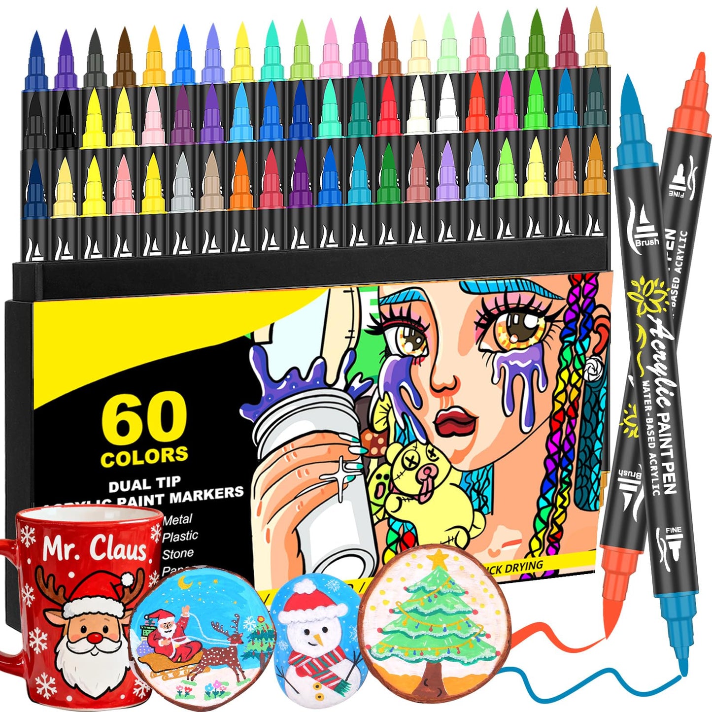 60 Colours Dual Tip Acrylic Paint Pens Set -Acrylic Markers with Brush & Fine Tip for Rock Painting, Wood, Glass, Ceramic, Stone, Fabric, Art