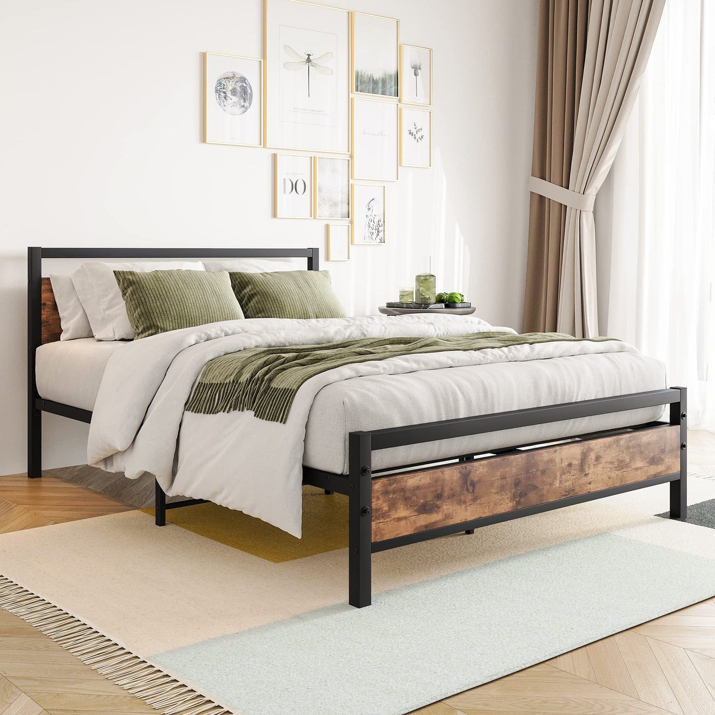 BOFENG Double Bed Frames with Wood Headboard,Heavy Duty Metal Platform Bed Frame Double Bed No Box Spring Needed,Mattress Base/Under Bed