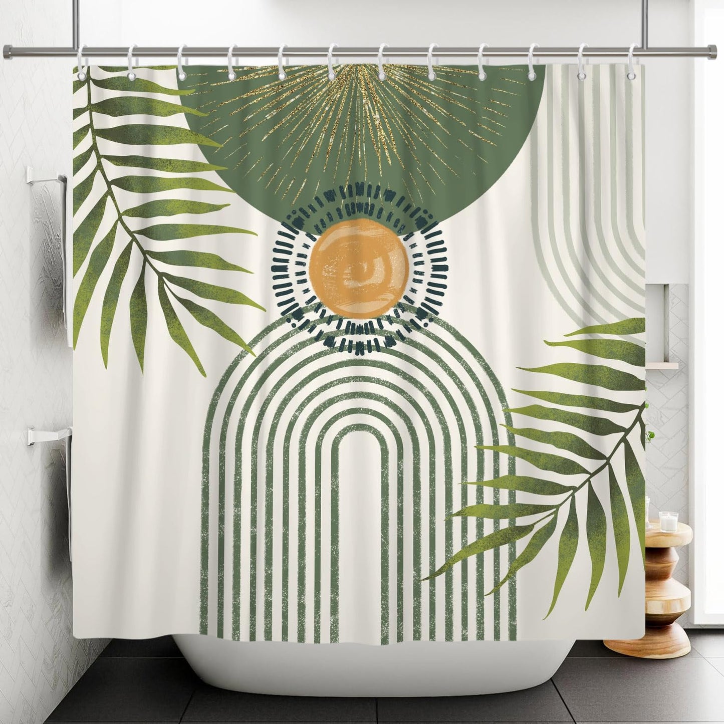 ASDCXZ Boho Shower Curtain 180 x 180 cm, Modern Abstract Green Palm Leaves Sun Bow Beige Washable Shower Curtains Polyester Textile Waterproof