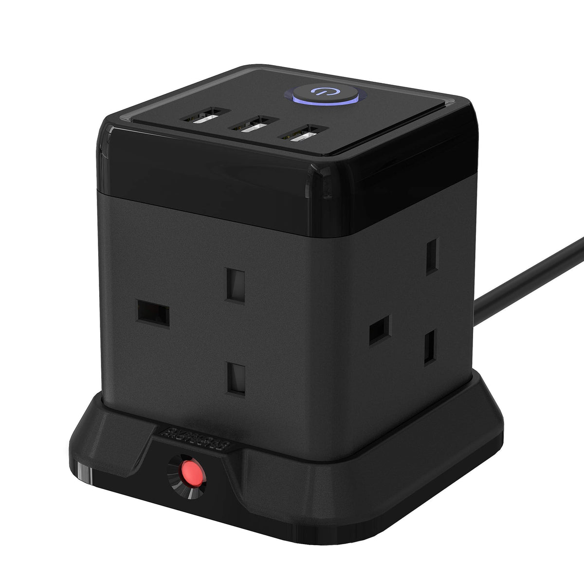 Cube Extension Lead with 3 USB Slots 13A 3250W Hulker 4 Gang Plug Socket with Switch 4 Way Power Strip with 3 USB Port 1.5M Extension Cord Black for