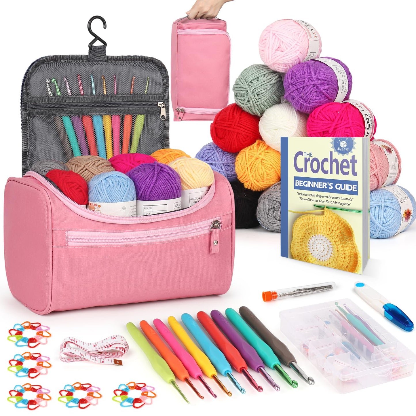 Reessy Crochet Kit, 88 PCS Crochet Kits for Beginners Adults include Instructions Ergonomic Crochet Hooks 15Pcs ? 25g Yarn Storage Bag and Knitting