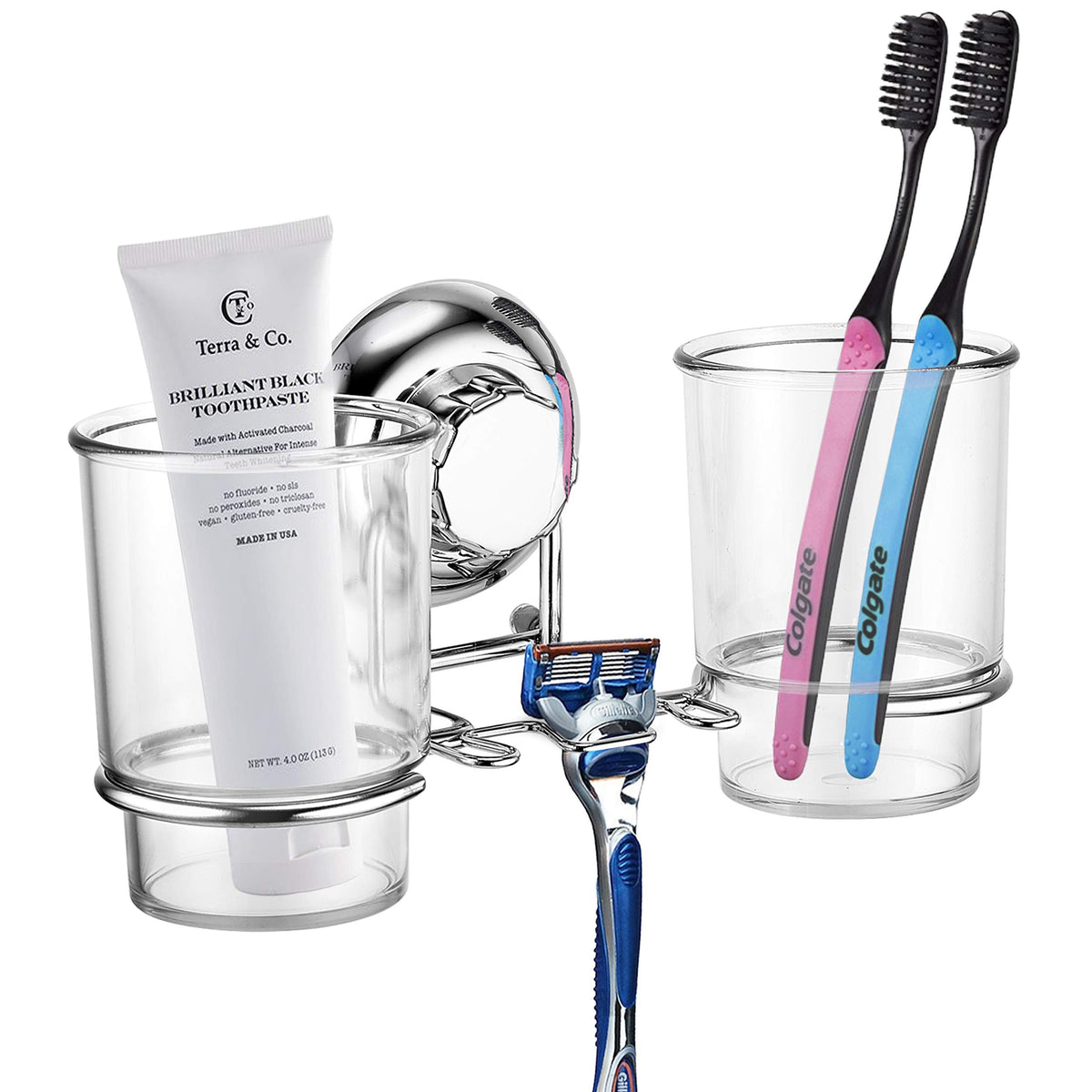 MaxHold No-Drilling Suction Cup Double Toothbrush Tumbler Holder - Vaccum System - Stainless Steel Never Rust - for Bathroom & Kitchen