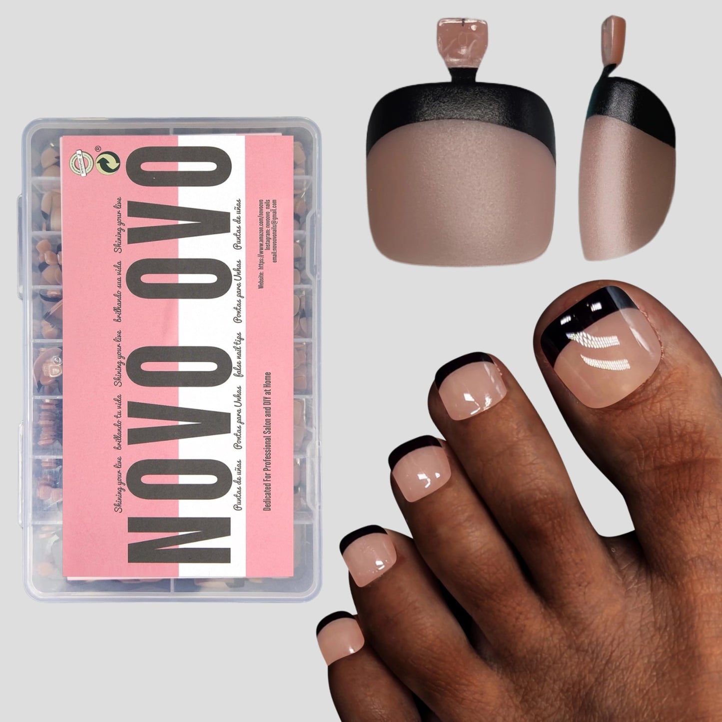 NOVO OVO Halloween Black French Tip Toe Nail Tips Press on, Soft Gel Toenail Extension, BROWN PINK Square Round Pre-applied Tip Primer & Base Coat,