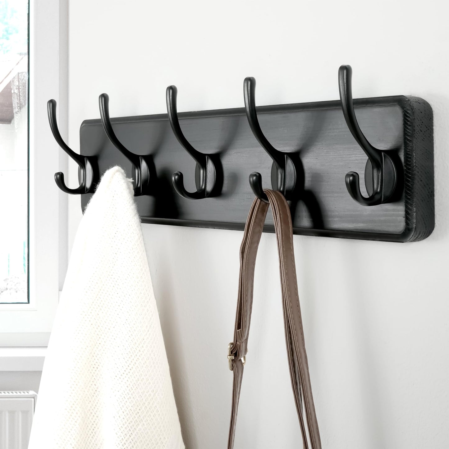 Dseap Coat Rack Wall: Patented, Heavy-Duty, 5-Double-Hooks Wooden Wall Mounted Coat Rack Coat Hanger Hook Rail for Winter Coats Hat Jacket Clothing