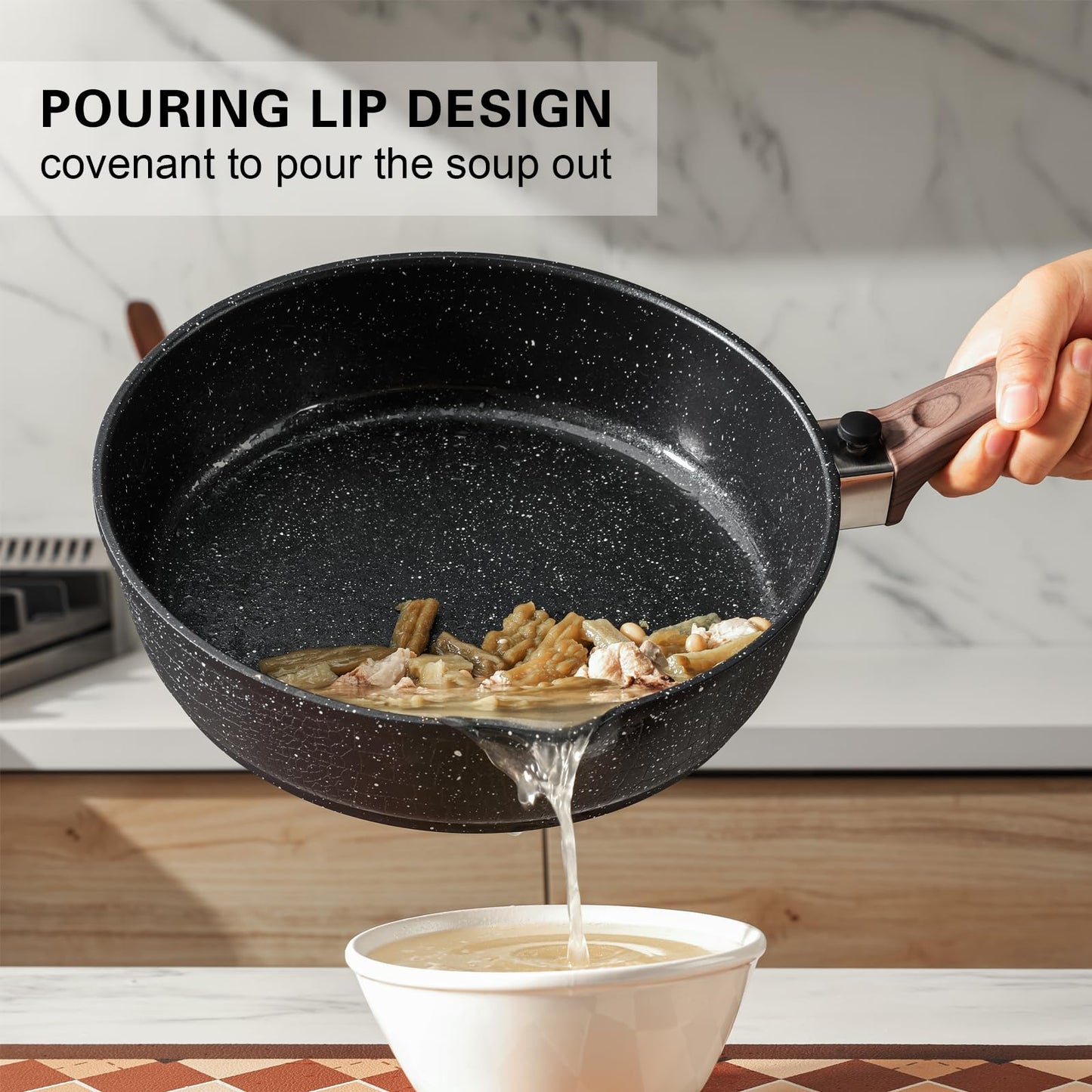 Kordisen Nonstick Deep Frying Pan with Lid, 28cm Saute Pan Skillet with Detachable Wood Handle, Granite Stone Coating for Cooking, Induction Cookware,